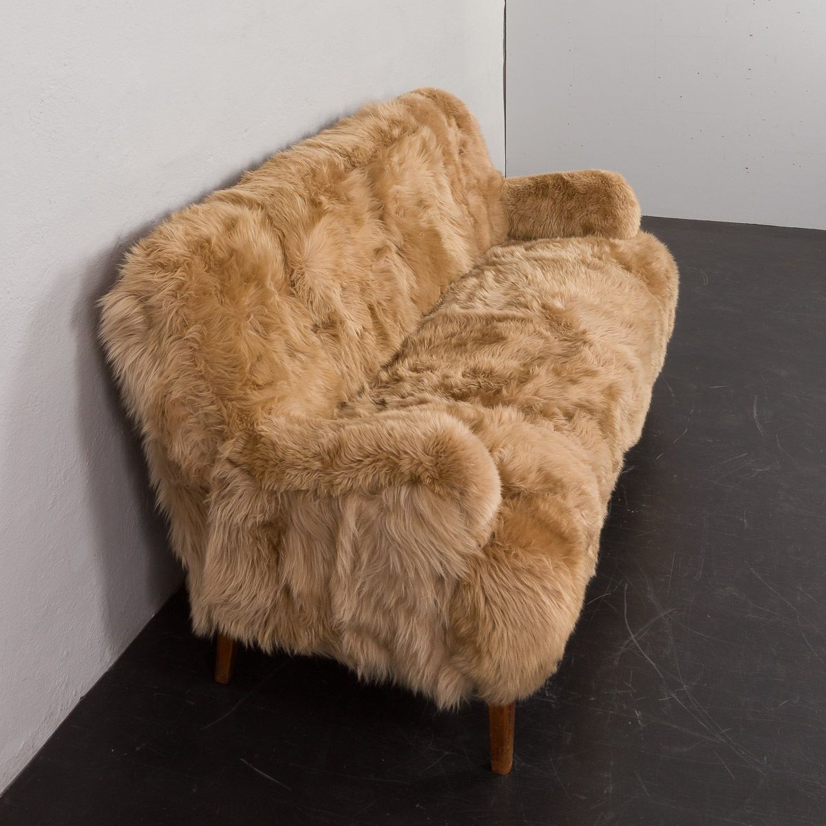 photo buy Peter Hvidt & Orla Mølgaard Nielsen, Fritz Hansen Three Seater Sofa In Long Sheepskin