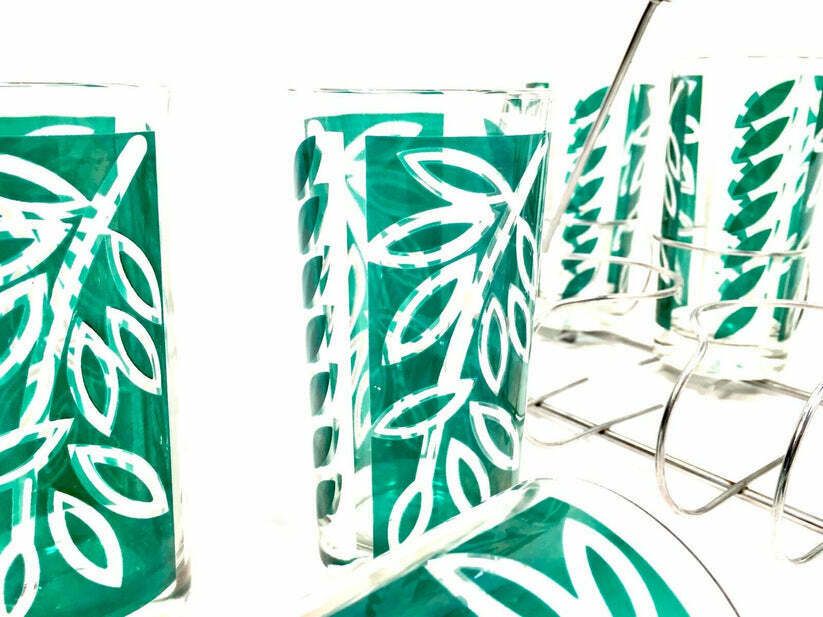 Vintage Mid 20th Century Green Glass Tumbler Drinking Set Chrome Carrier / Retro photo vinterior