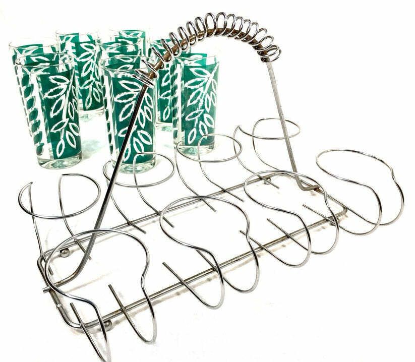 Vintage Mid 20th Century Green Glass Tumbler Drinking Set Chrome Carrier / Retro photo buy