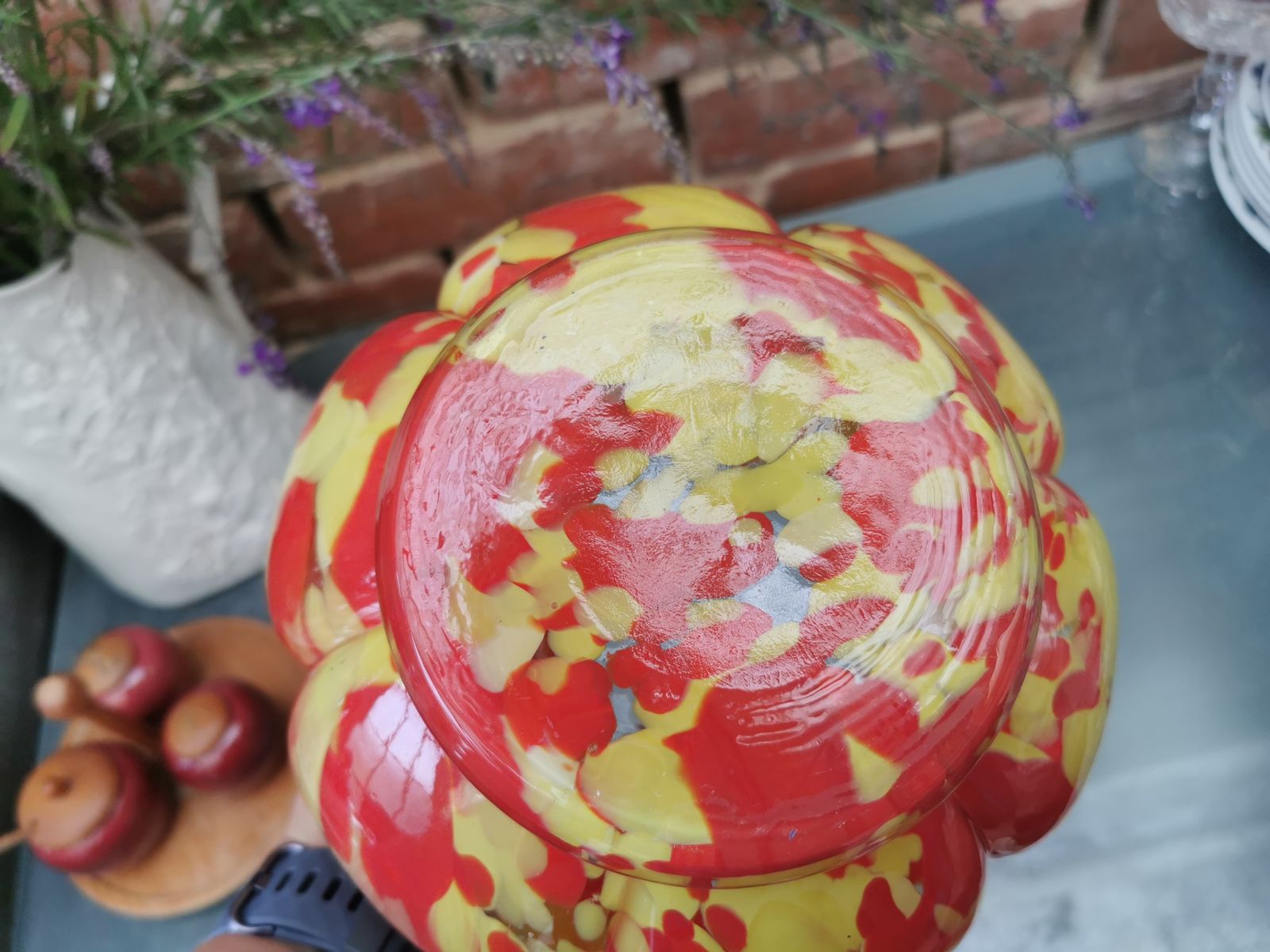 1930s Franz Welz Glass Bowl, Spatter Glass In Red And Yellow photo Home Decor