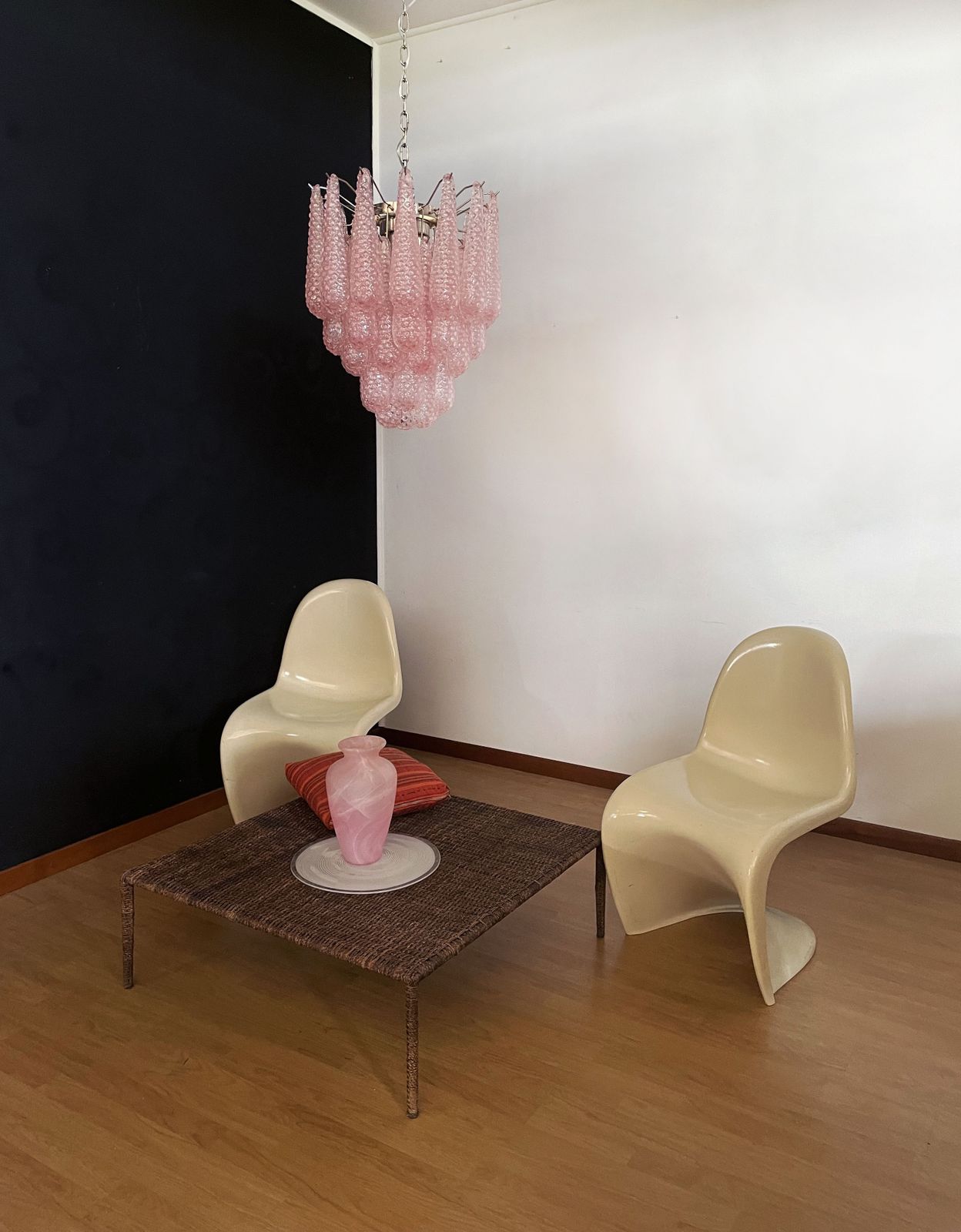 Lighting Italian Vintage Murano Chandelier 41 Pink Glass Petals Drop photo
