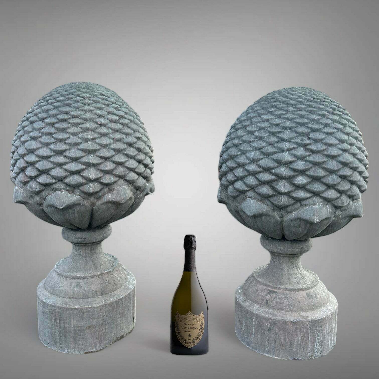 Exceptional Pair Of Large Scale Country House Weathered Zinc Architectural Entrance Finials Inject Style Into Any Garden Setting