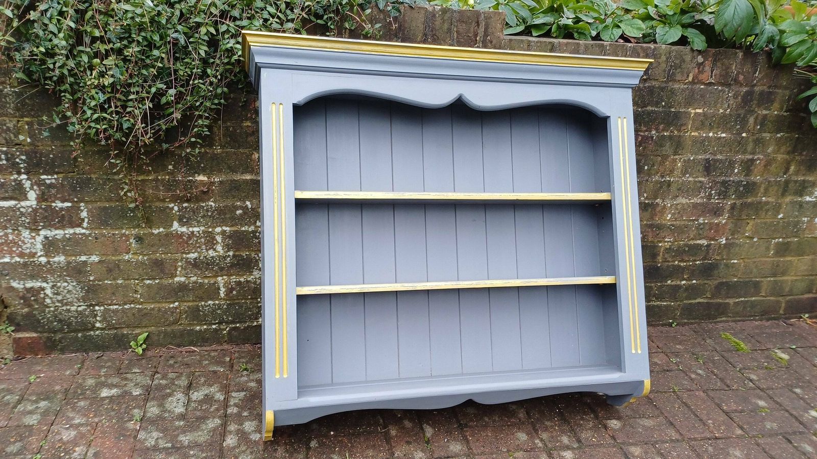 photo furniture Superb Hand Painted Dark Grey Wall Shelves Gold Highlights Adjustable. Kitchen Bathroom Etc
