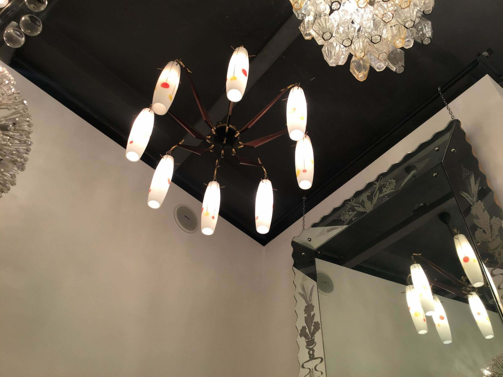 Stilnovo Chandelier Brass Wood Opaline Glass 1955 Italy photo vintage