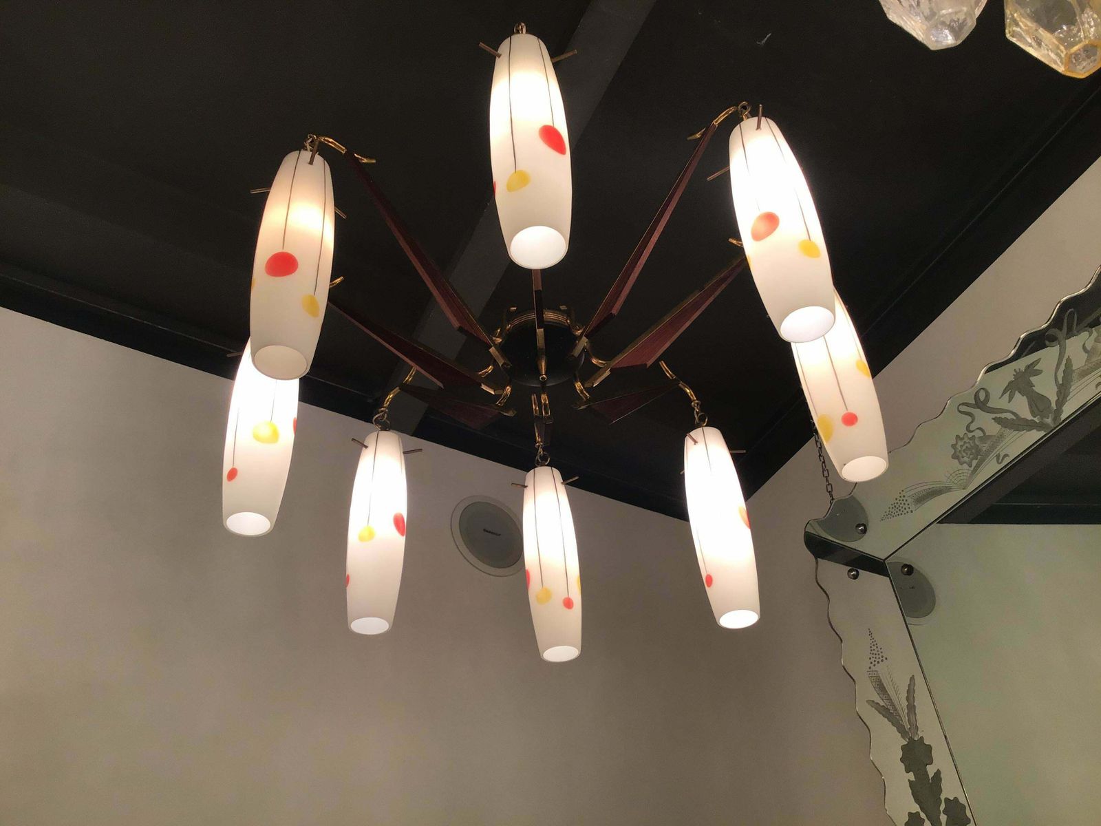 photo vinterior Stilnovo Chandelier Brass Wood Opaline Glass 1955 Italy