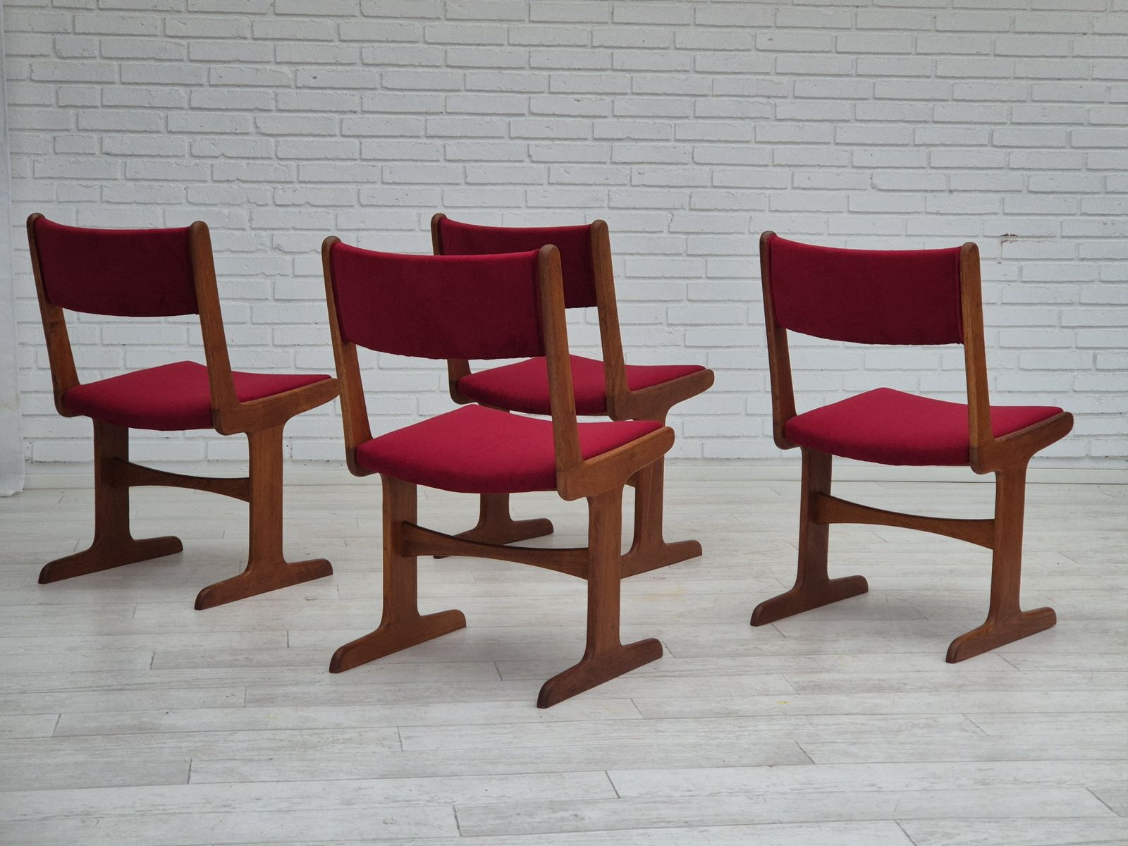 1970s, Set Of 4 Reupholstered Danish Chairs, Teak Wood, Cherry Red Furniture Velour. photo Furniture
