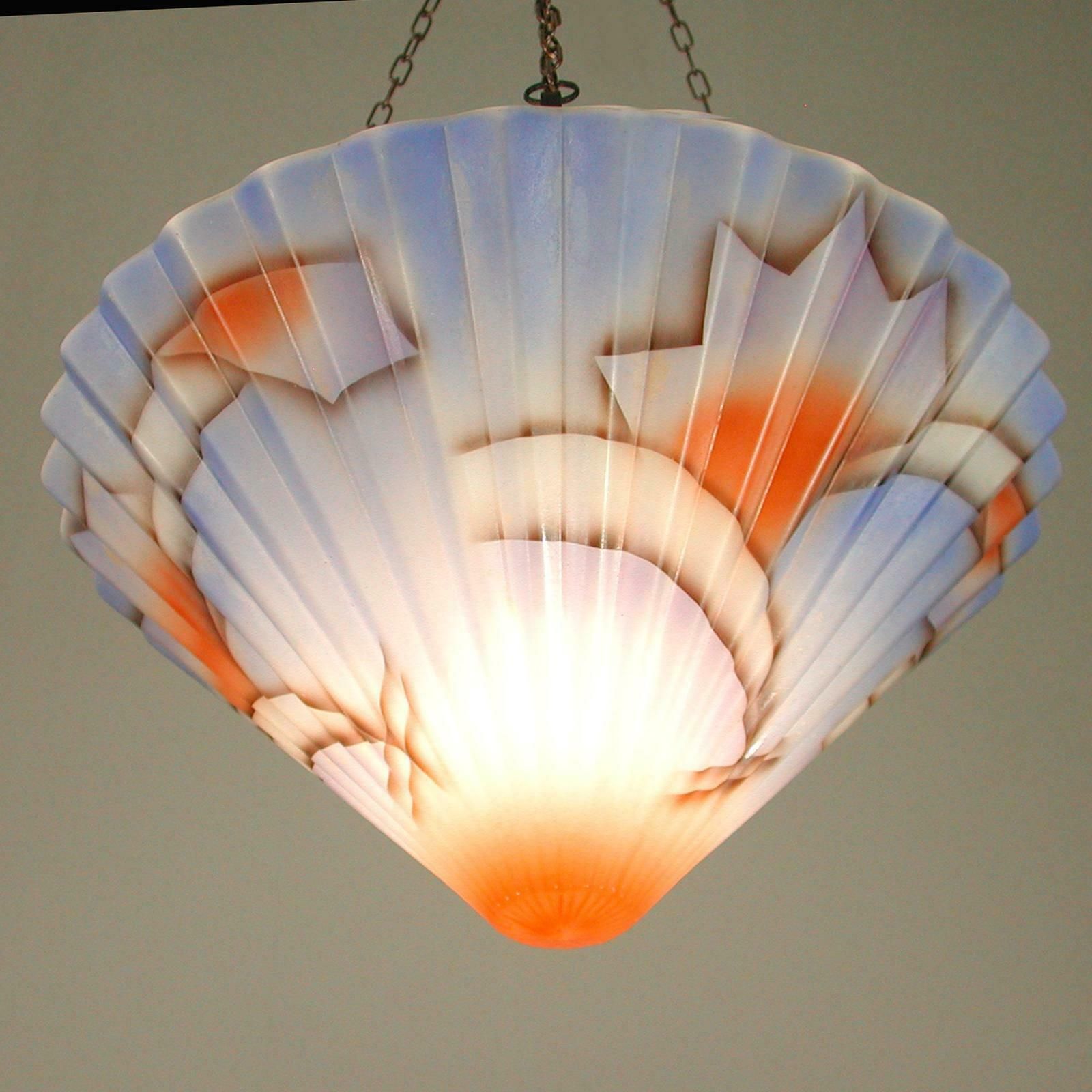 photo vinterior Art Deco Suspension Light, Enameled Glass And Bronzed Brass, Germany 1930s