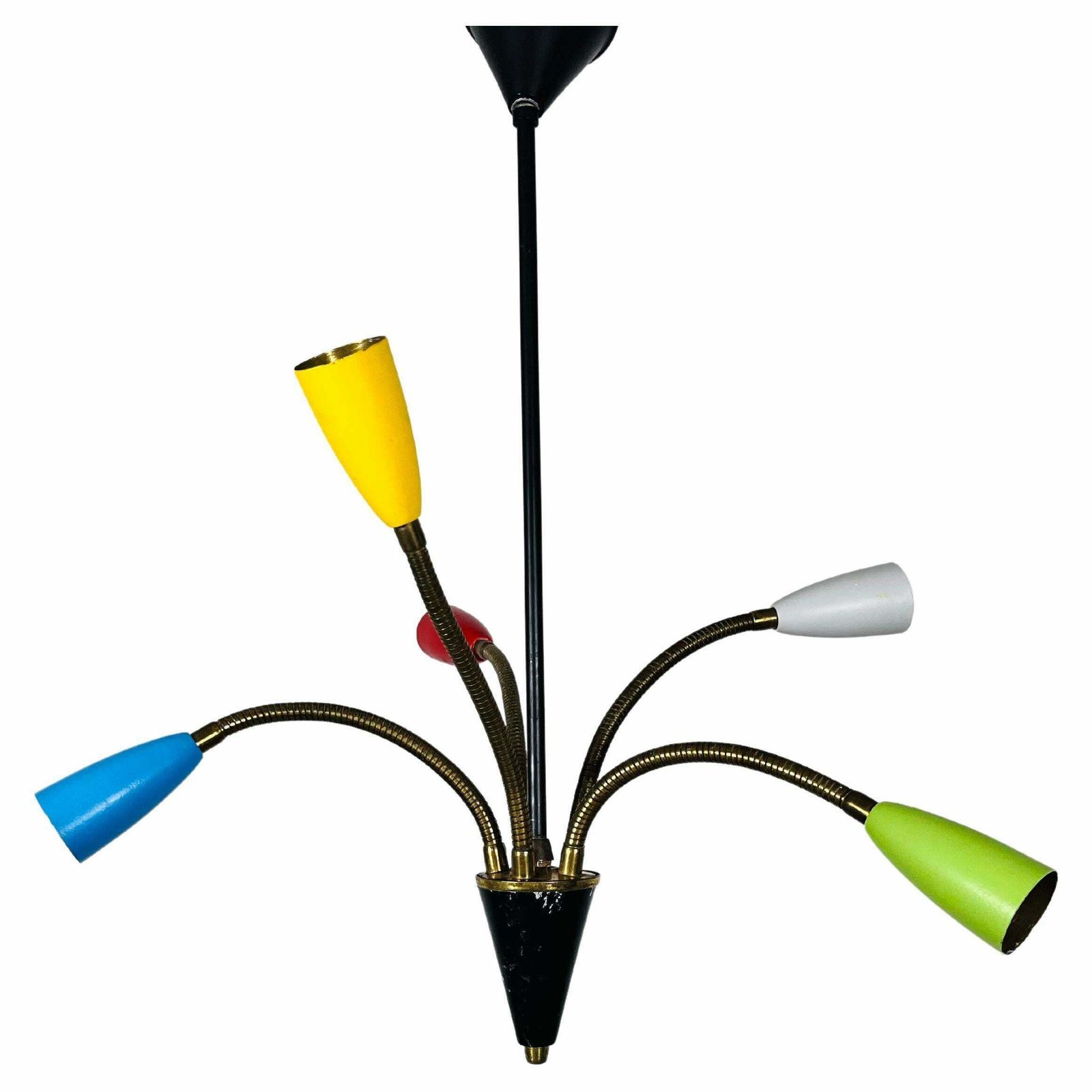 Colorful Mid Century Brass 5 Arm Sputnik Chandelier, 1950s