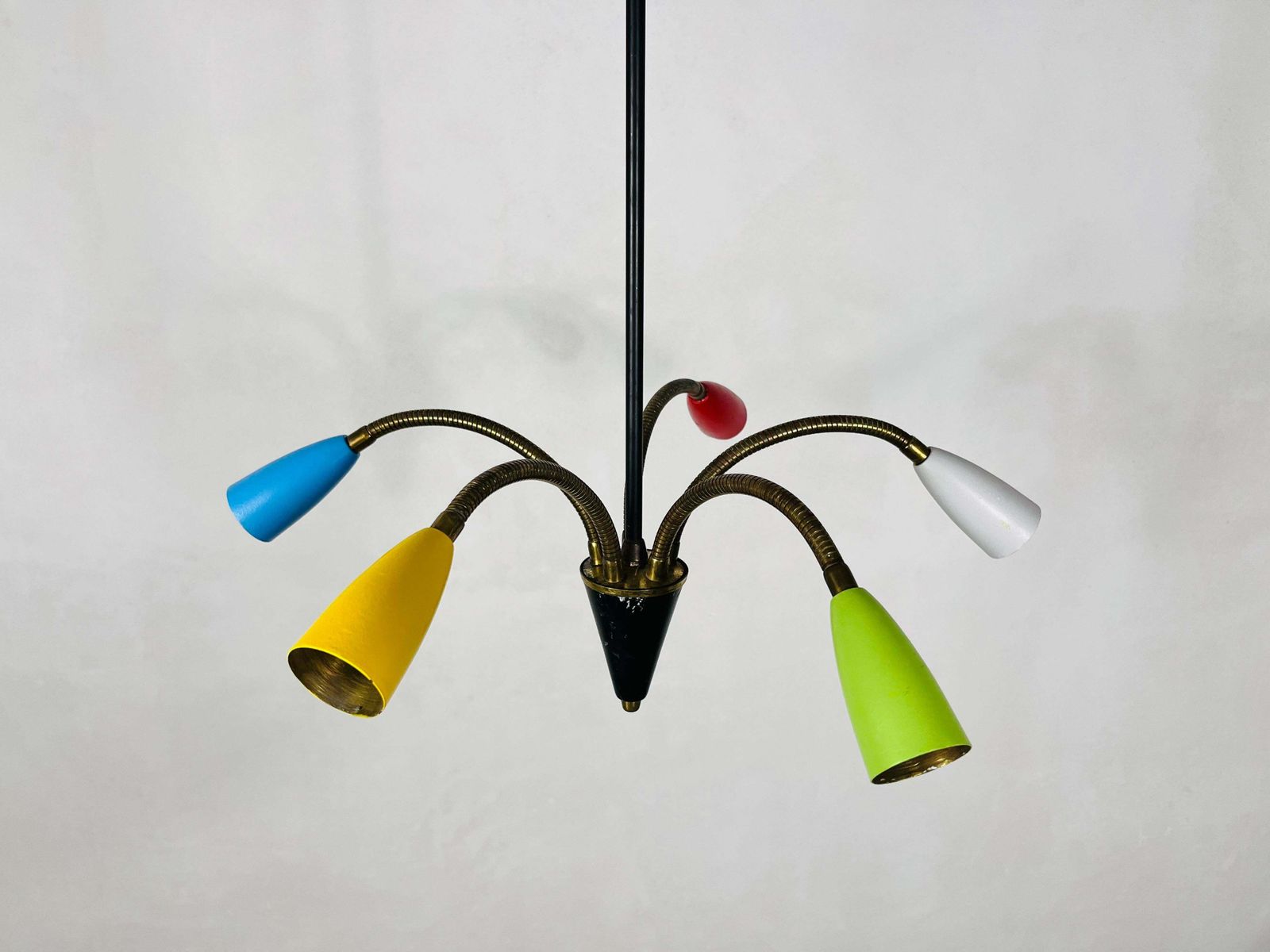 Colorful Mid Century Brass 5 Arm Sputnik Chandelier, 1950s photo for sale