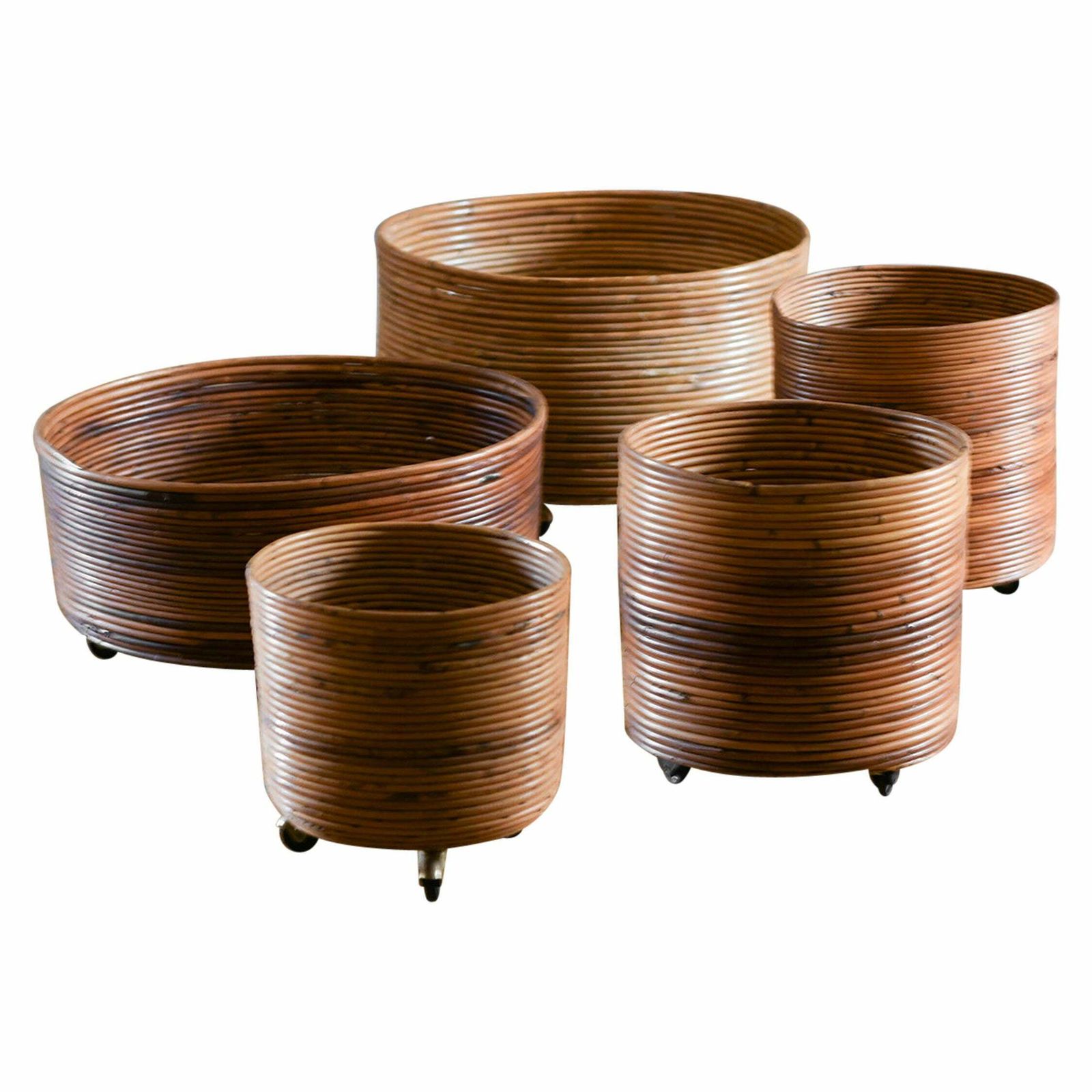 Set Of 5 Rattan Pot Holders With Wheels, Italy 1980