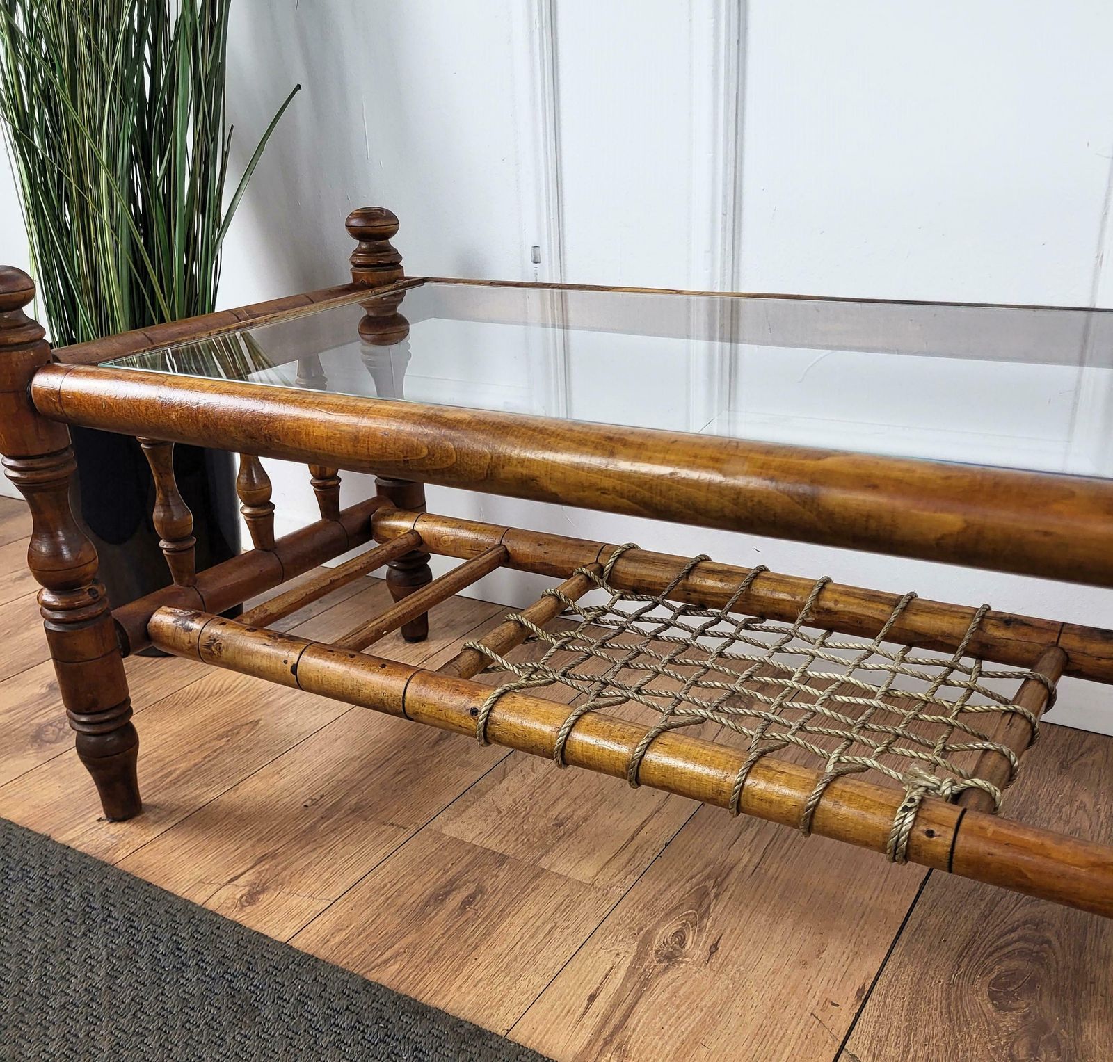 Antique Italian Walnut Glass Top And Rope Carved Turned Coffee Table Side Table photo vintage