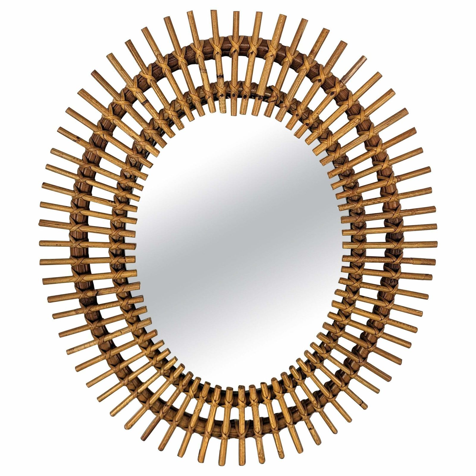 1970s Italian Bamboo Rattan Bohemian French Riviera Small Oval Wall Mirror