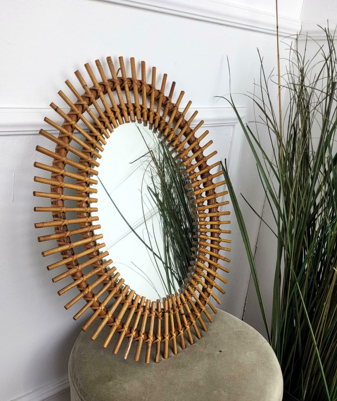 1970s Italian Bamboo Rattan Bohemian French Riviera Small Oval Wall Mirror photo furniture