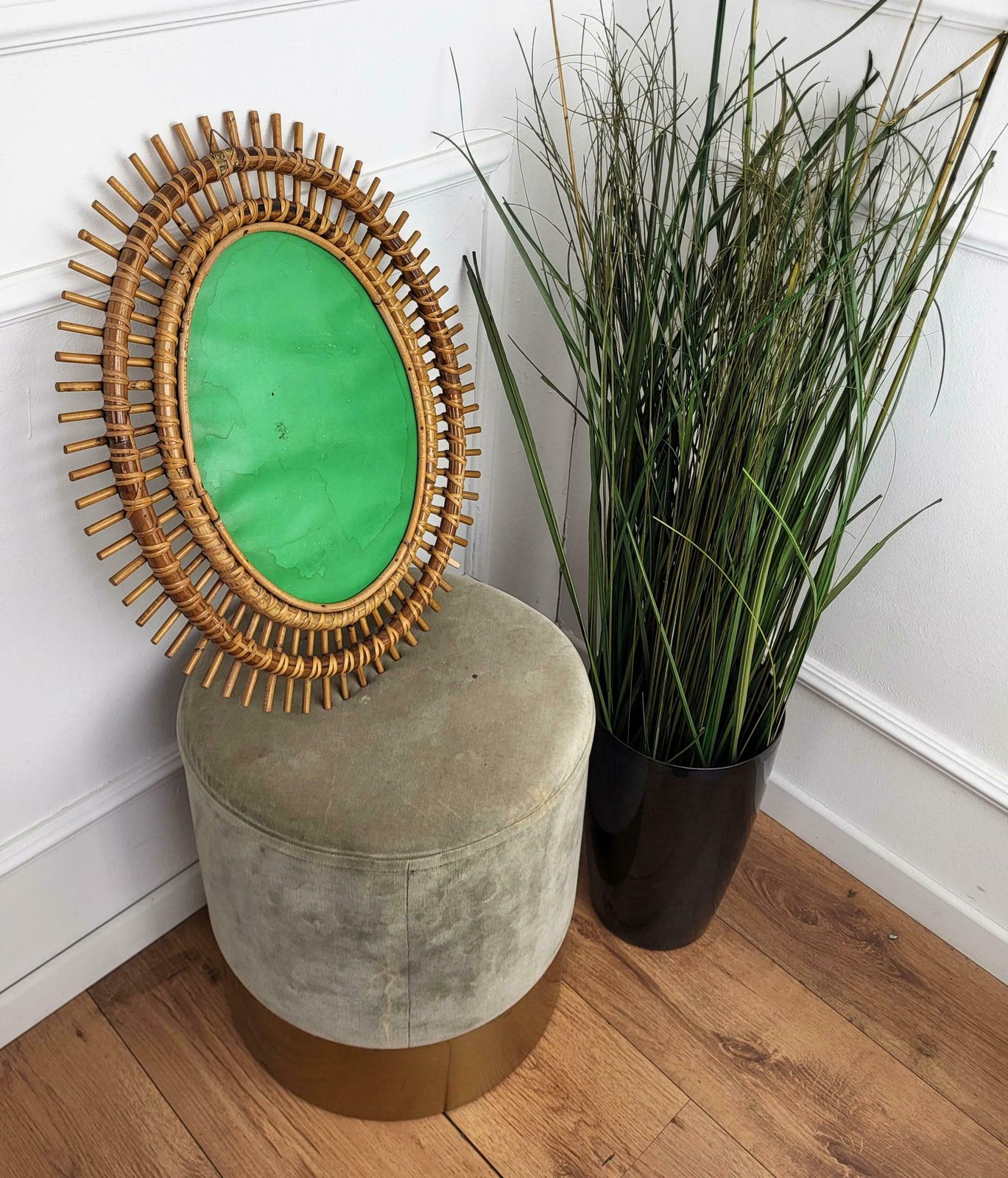 1970s Italian Bamboo Rattan Bohemian French Riviera Small Oval Wall Mirror photo buy