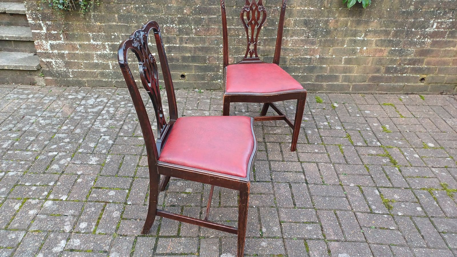 Pair Of Vintage Late Victorian Carved Mahogany Chairs Red Leatherette Seats. photo vintage