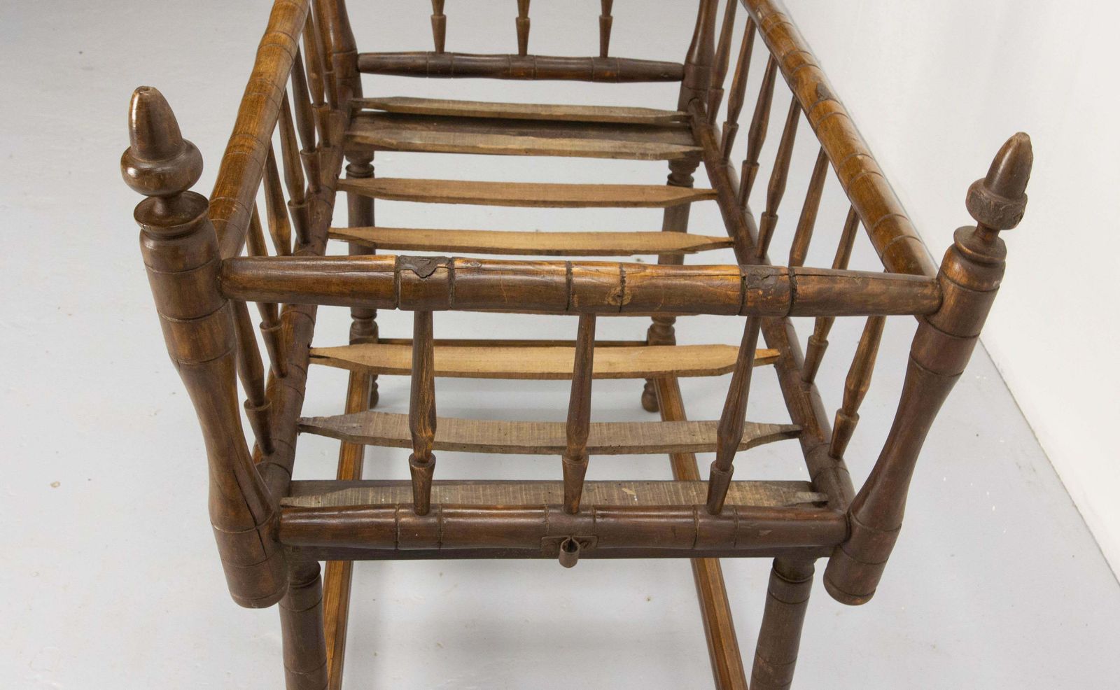 19th Century Toy Chest Or Coffer Carved Chestnut Ancient Baby Cradle, French photo vintage