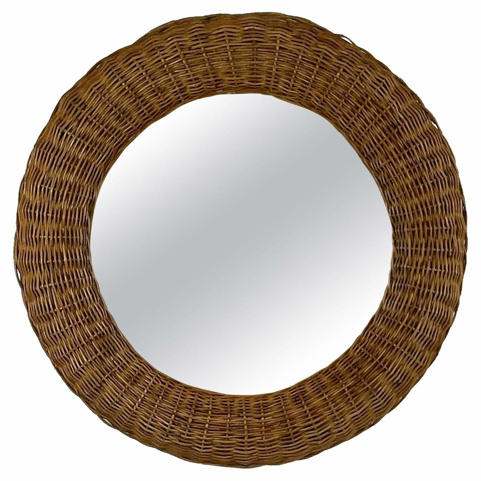 Riviera Style Round Woven Rattan Mirror, France 1950s