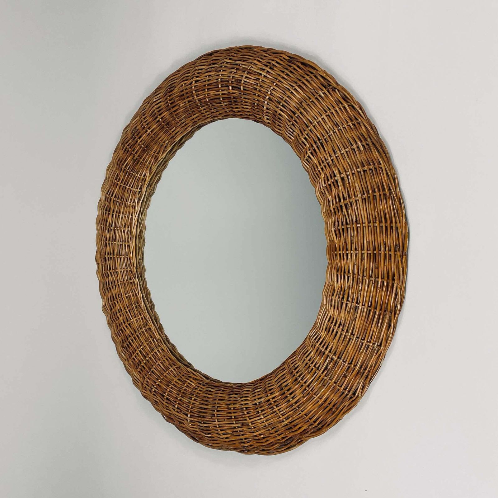 Riviera Style Round Woven Rattan Mirror, France 1950s photo furniture