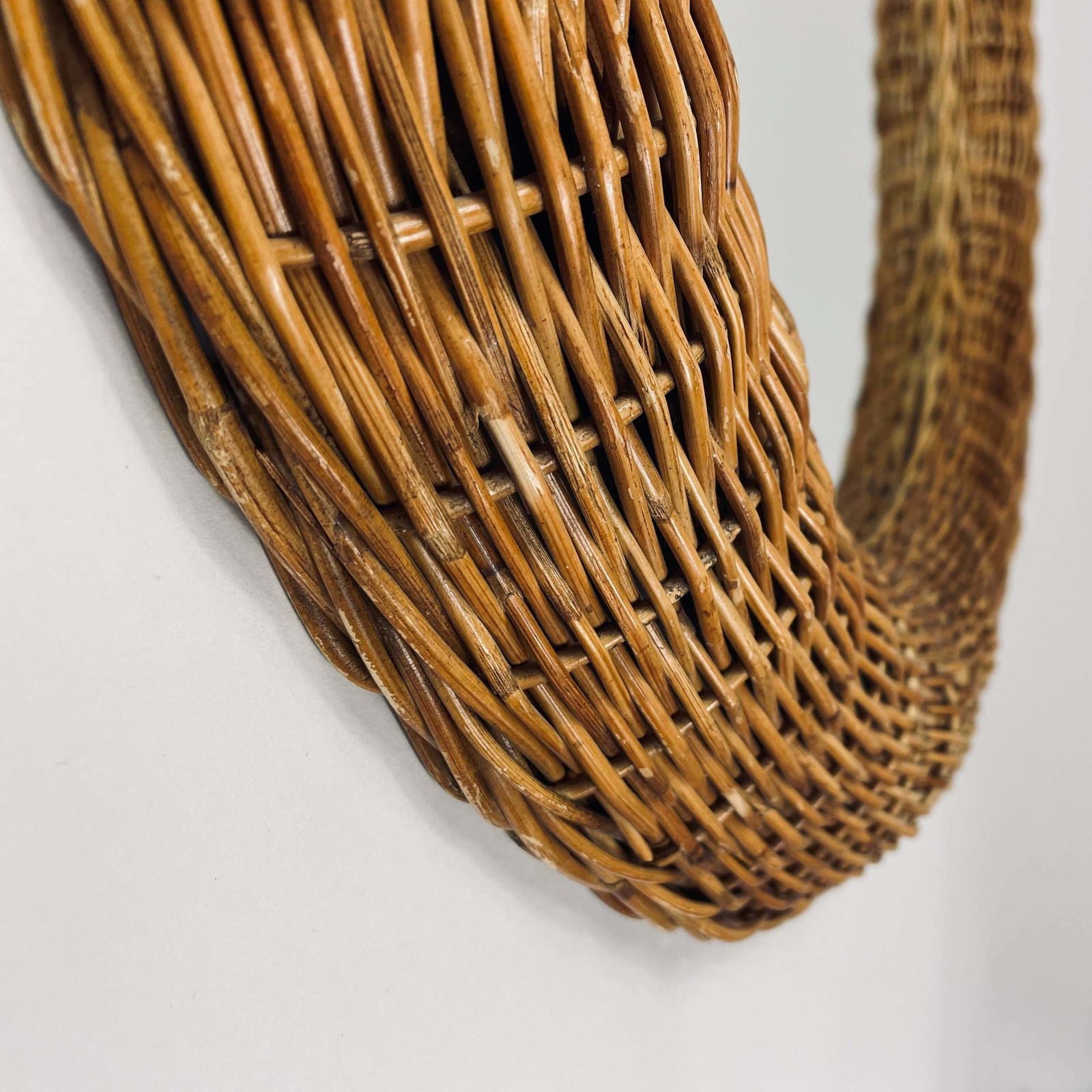 photo furniture Riviera Style Round Woven Rattan Mirror, France 1950s