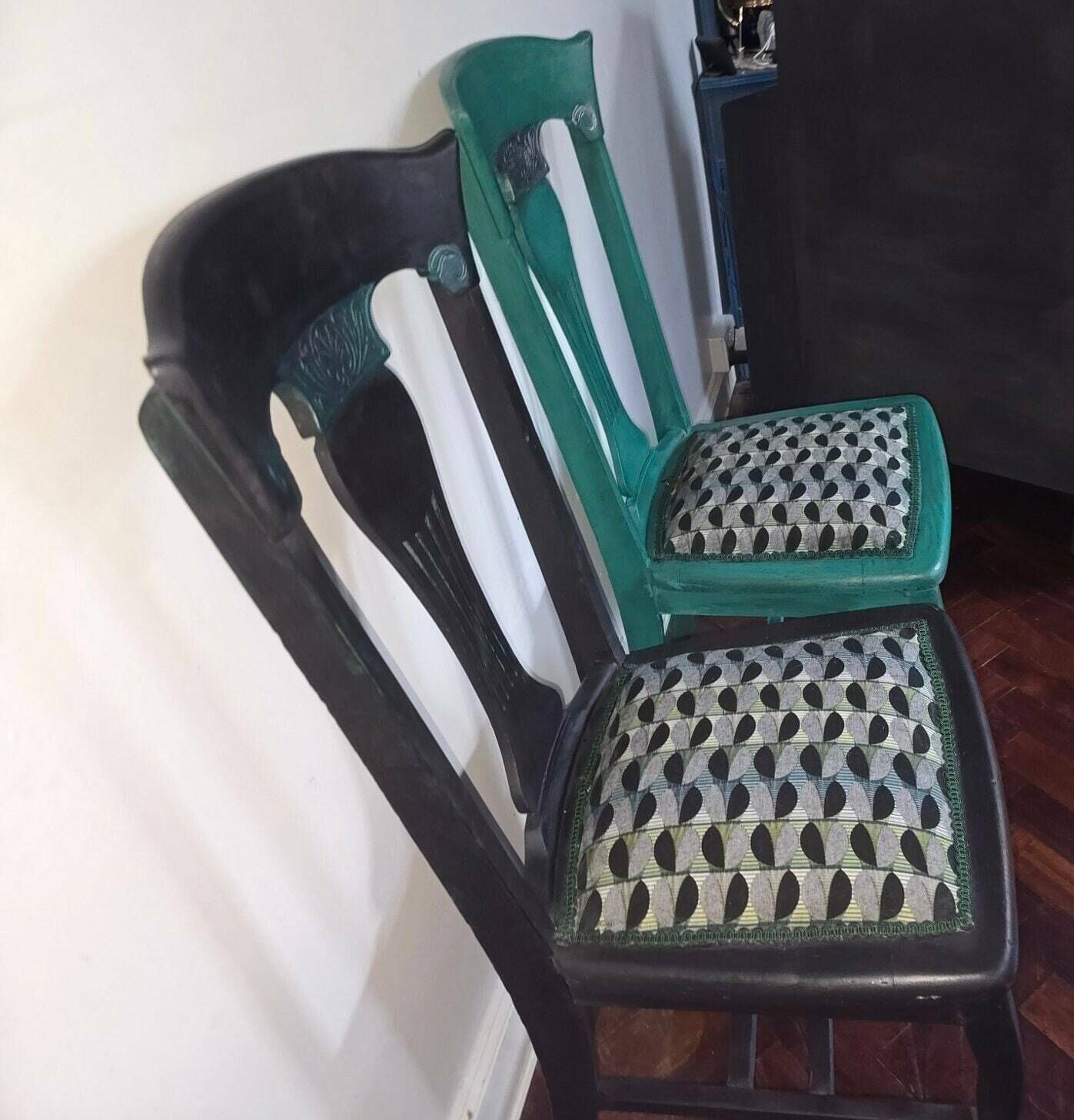 Pair Of Antique Queen Anne Style High Back Dining Chair, Reupholstered, Repurposed