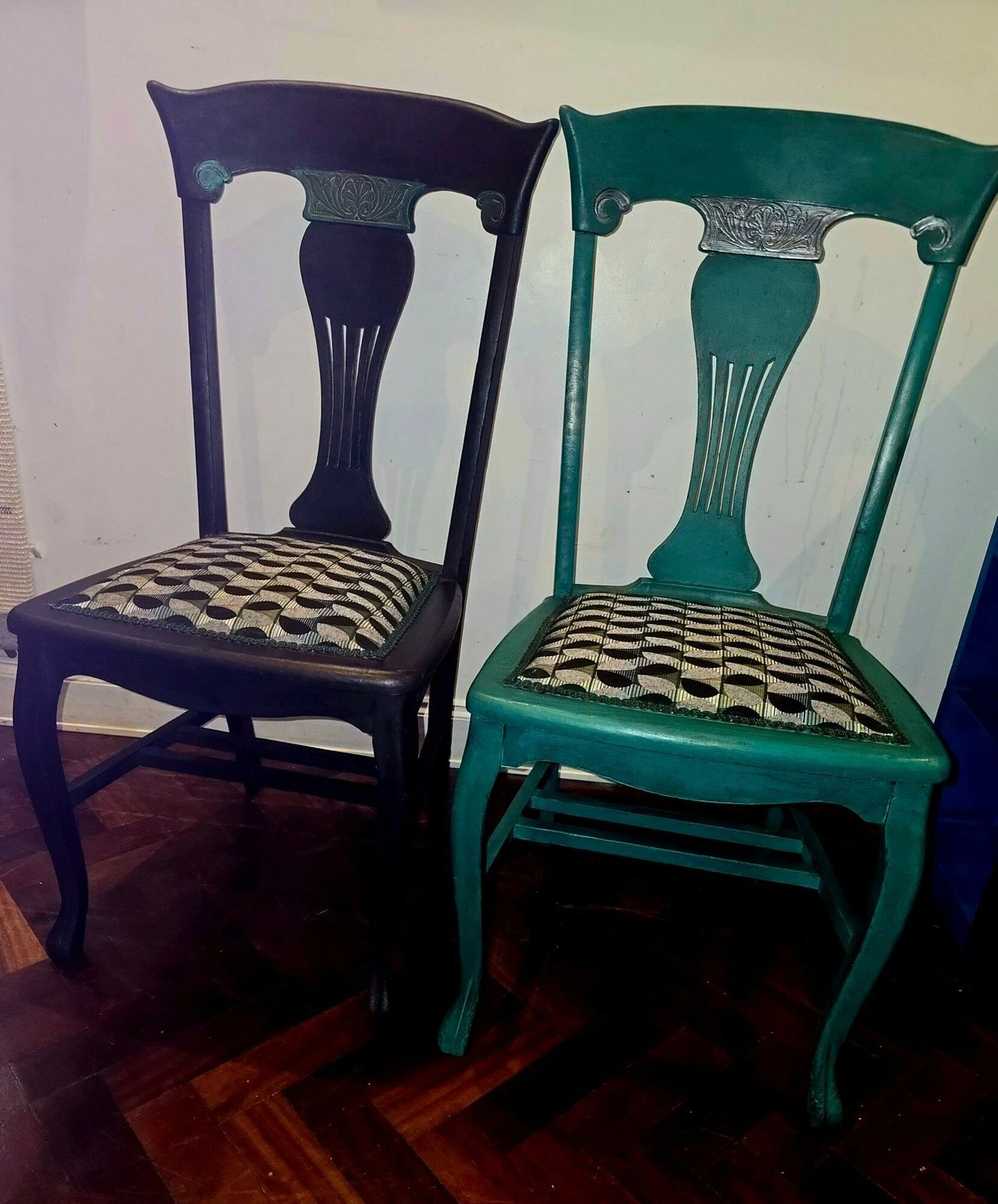 Pair Of Antique Queen Anne Style High Back Dining Chair, Reupholstered, Repurposed photo furniture