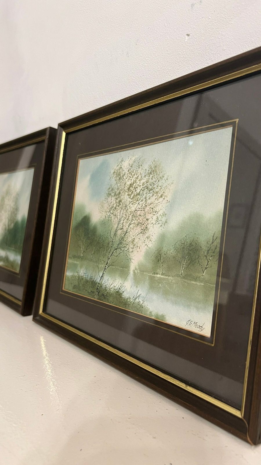 Set Of Two Signed And Framed J. S. Moody Watercolour Landscape Paintings Featuring River, Water, Forest And Birch Trees photo for sale