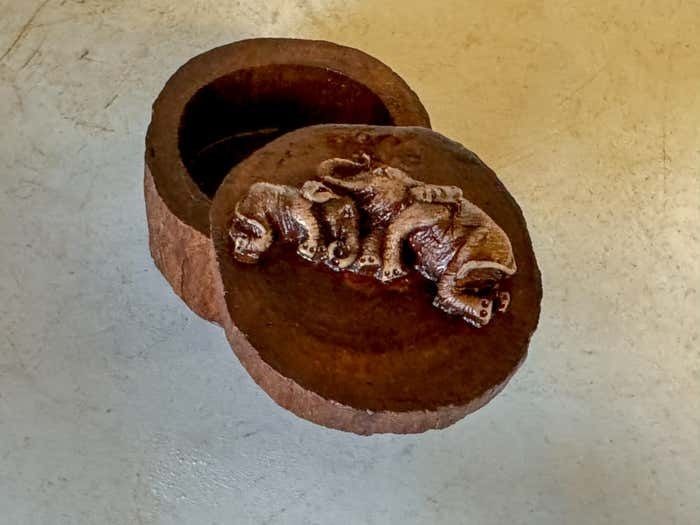 Home Decor Decorative And Jewelry Box In Wood With Carved Elephants France 1970 photo