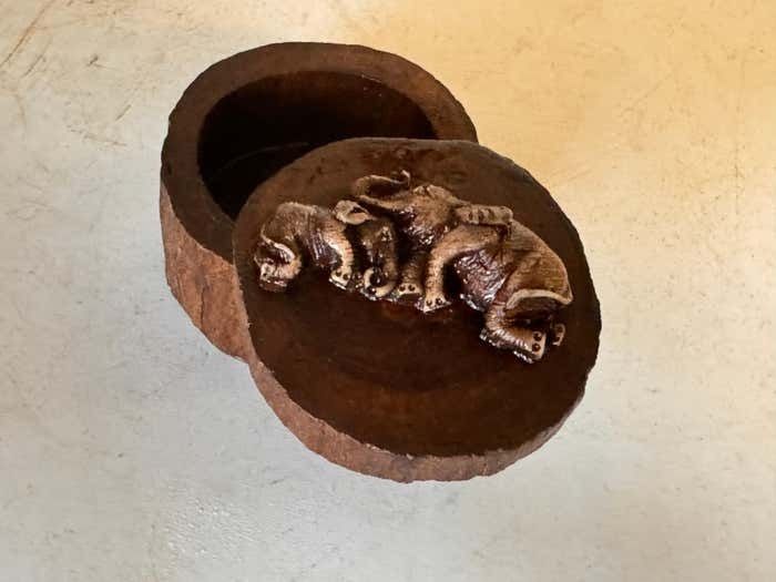 284.0 Decorative And Jewelry Box In Wood With Carved Elephants France 1970 photo