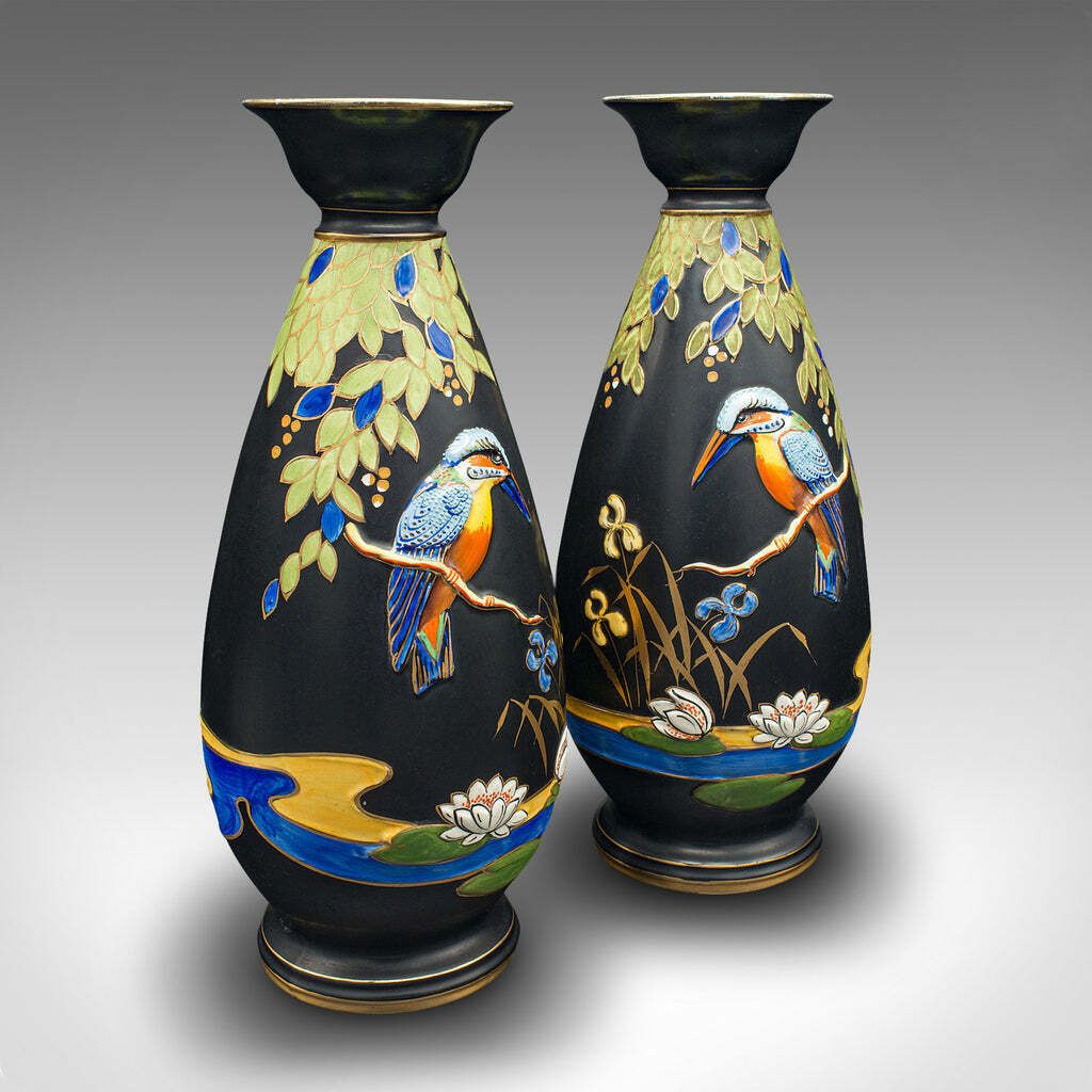 Pair Of Vintage Display Vases, English, Satin Finish, Kingfisher, Art Deco, 1930