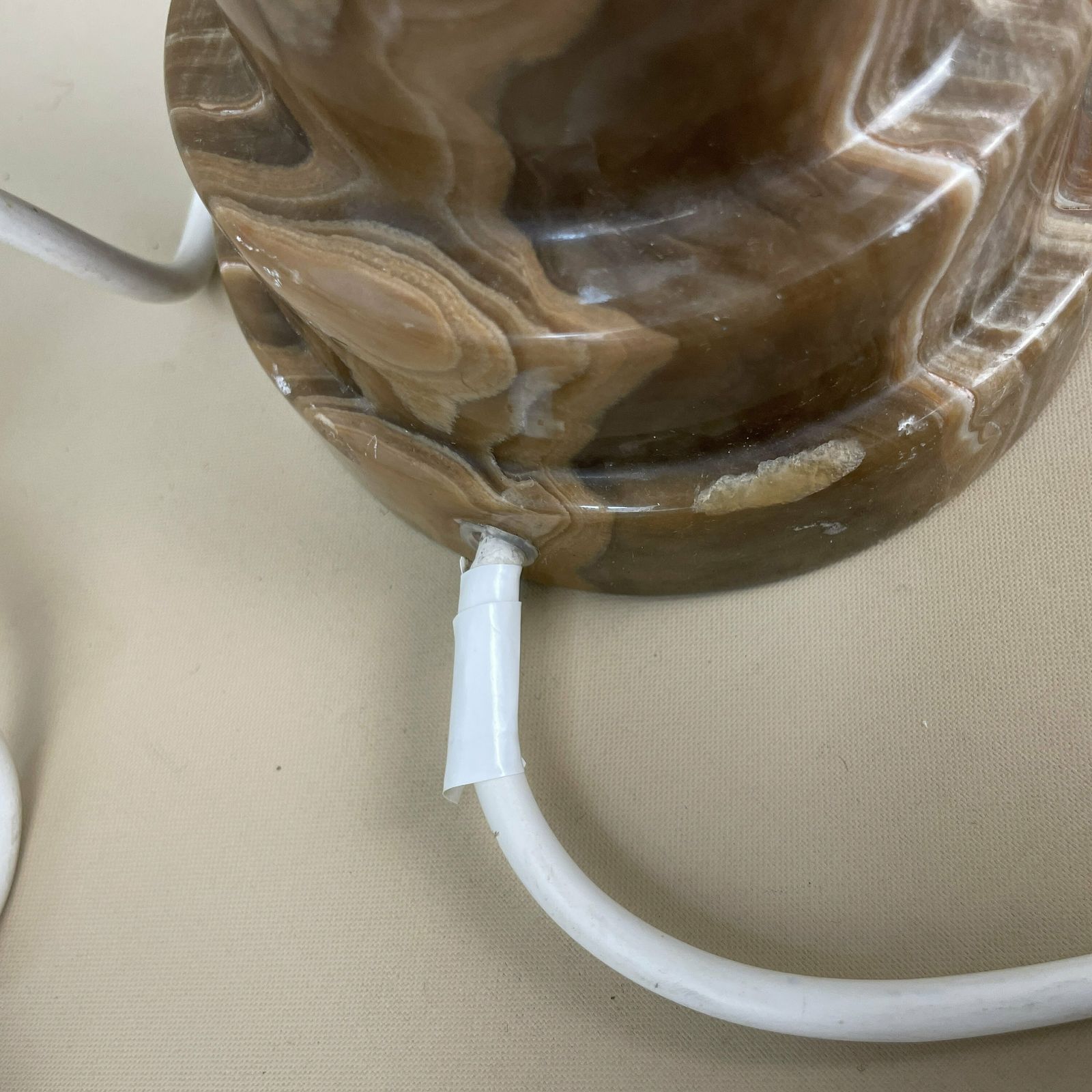 photo for sale Antique Onyx Marble Lamp Light Bedside Side Table Desk Round Base Marbled Patterned Lampshade Vintage Pattern Gold Metal Brown Medium Ornate