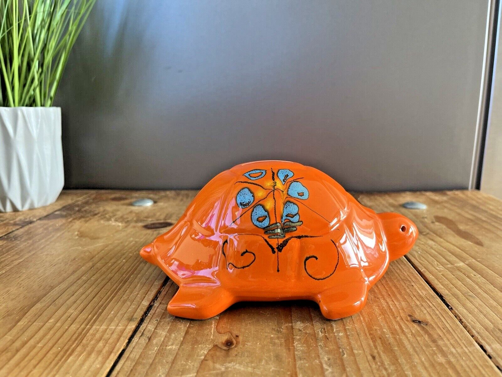 Superb 60's Bright Orange Floral Italian Sica Sicart Pottery Tortoise Money Box photo Home Decor