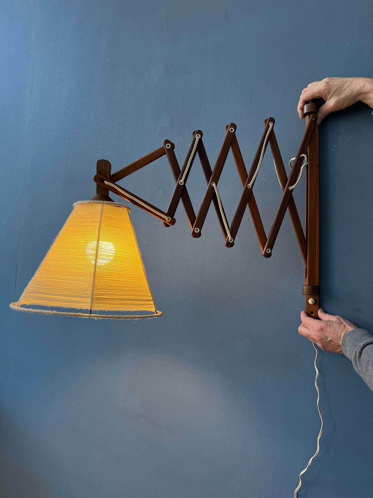 Vintage Wooden Scissor Wall Lamp With Rope Shade photo furniture