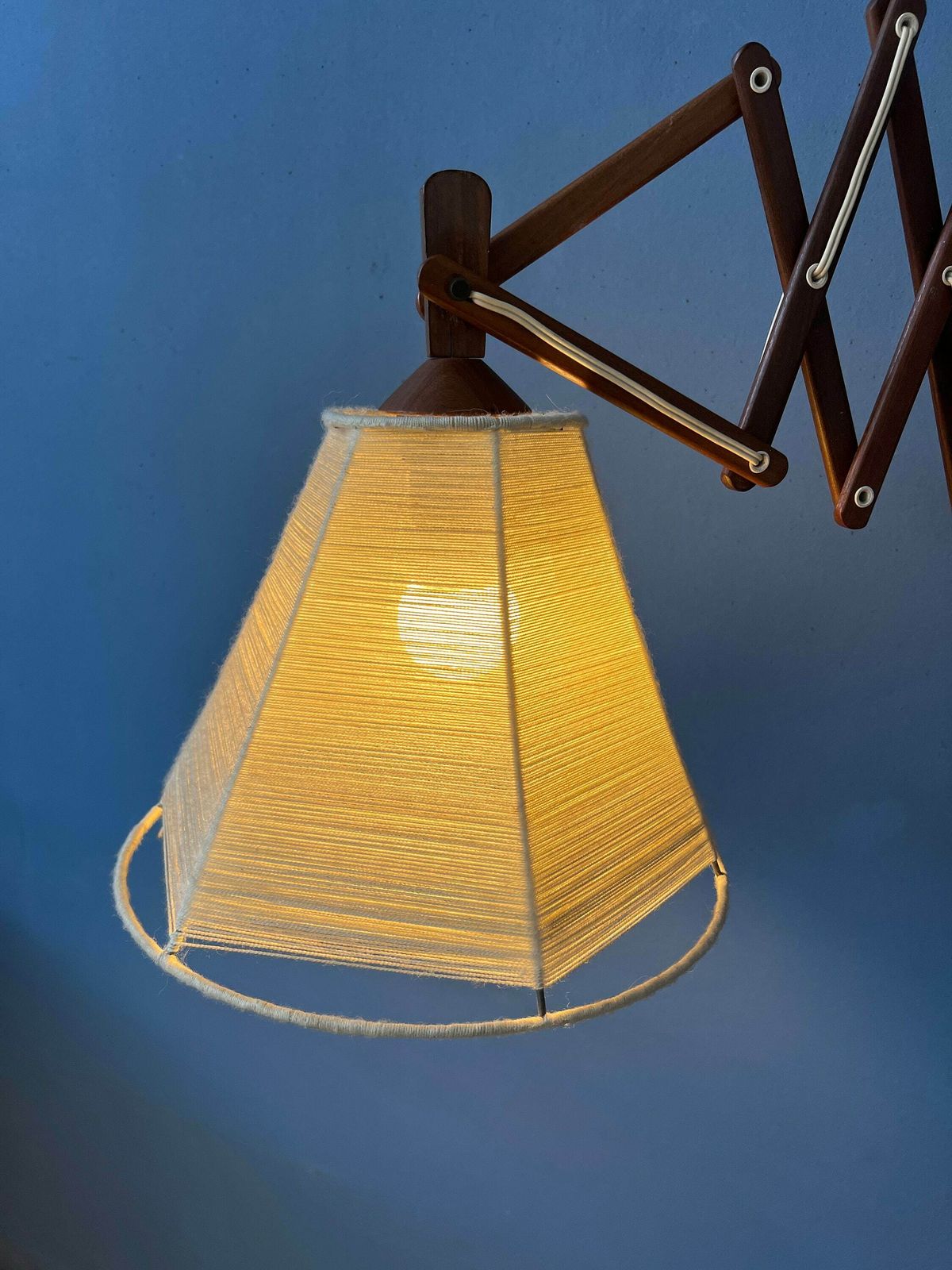 Vintage Wooden Scissor Wall Lamp With Rope Shade photo Lighting