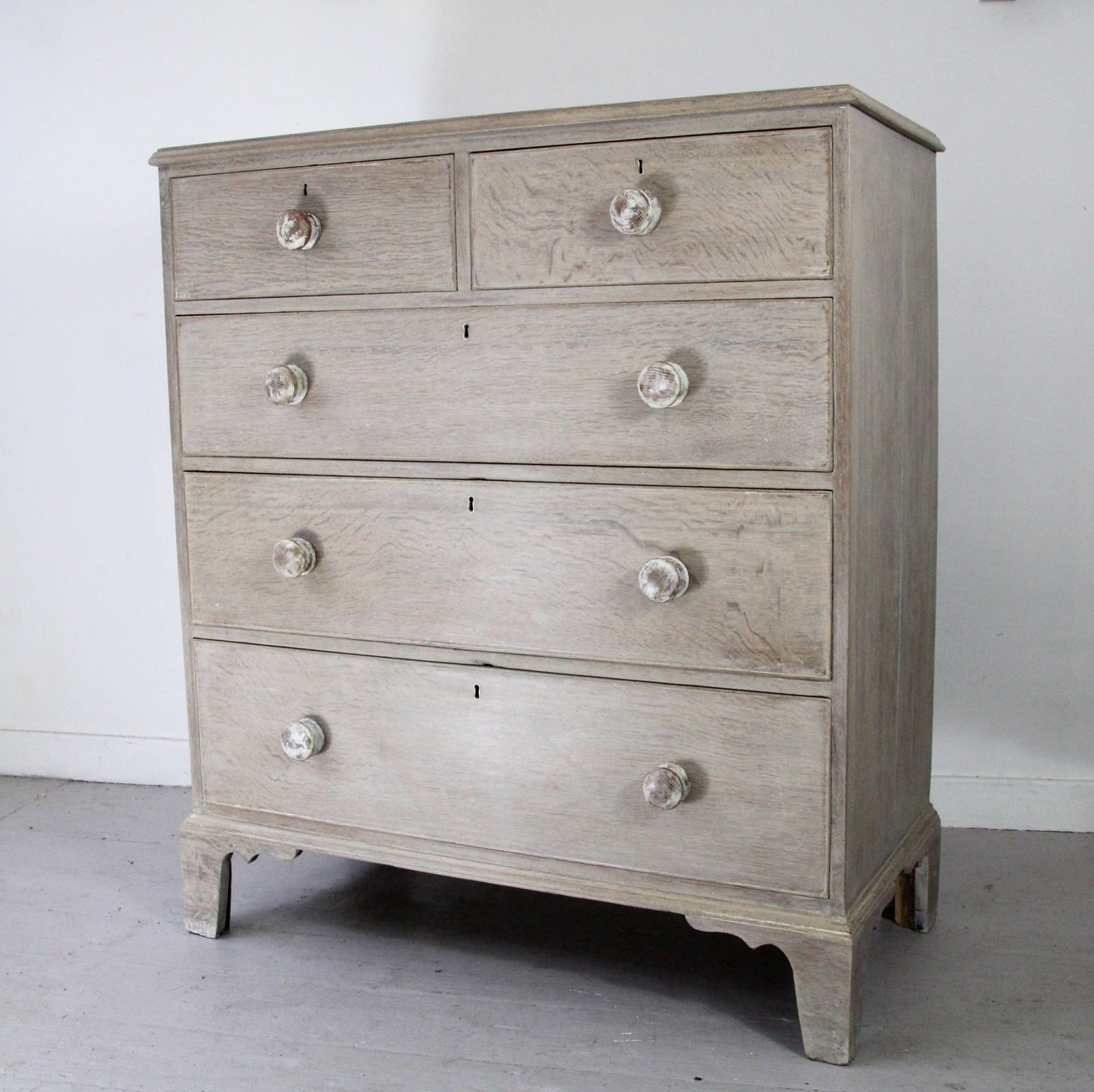 Antique Lime Washed Oak Chest Of Drawers