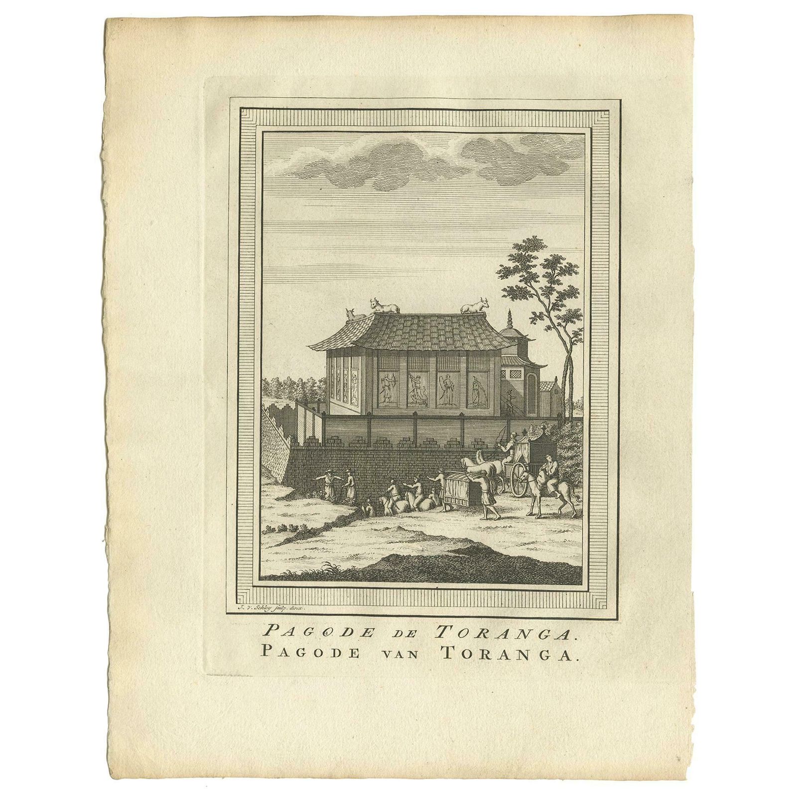 Antique Print Of The Toranga Pagoda By Van Schley, 1758
