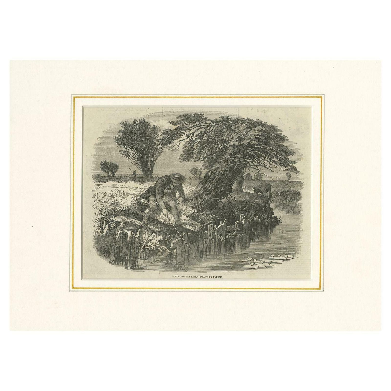 Antique Fishing Print Illustrating Sniggling For Eels 'C.1850'