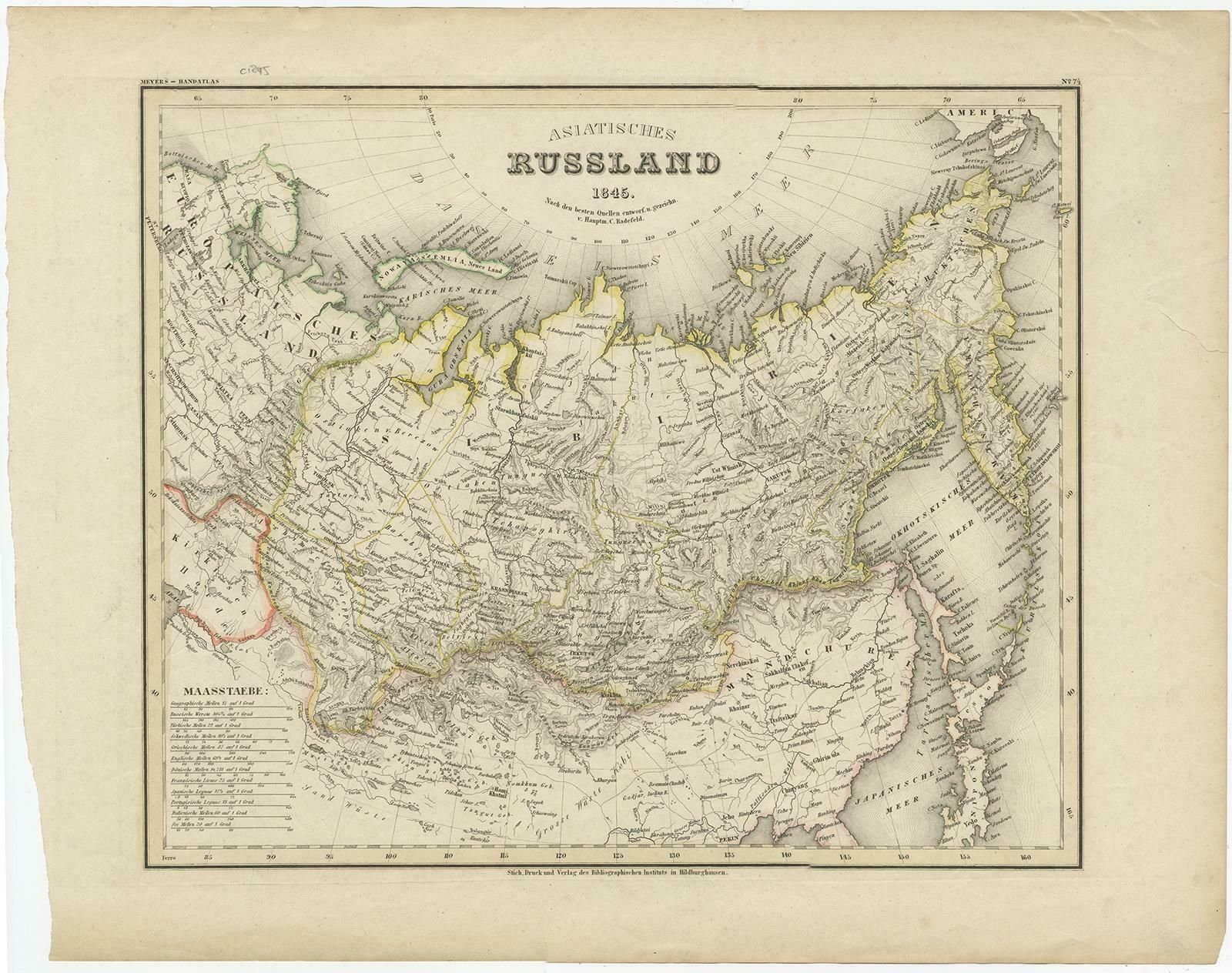Antique Map Of Russia In Asia From An Old German Atlas, 1845 photo furniture