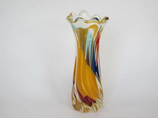 Japanese Mid Century Glass Vase Iwatsu Hineri Rainbow Fantasy Twisted Body photo for sale
