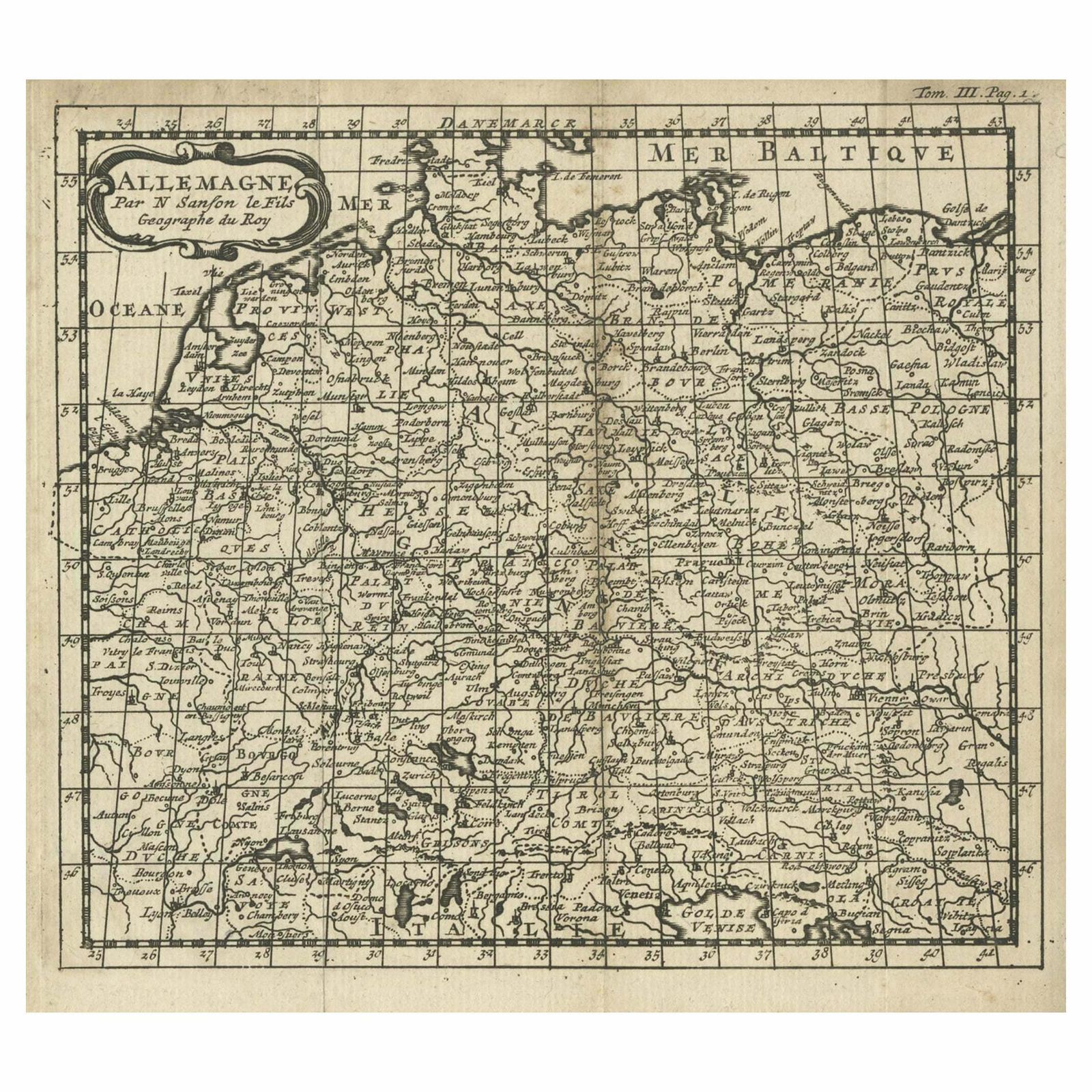 French Antique Miniature Map Of Germany And Surrounding Countries, 1721