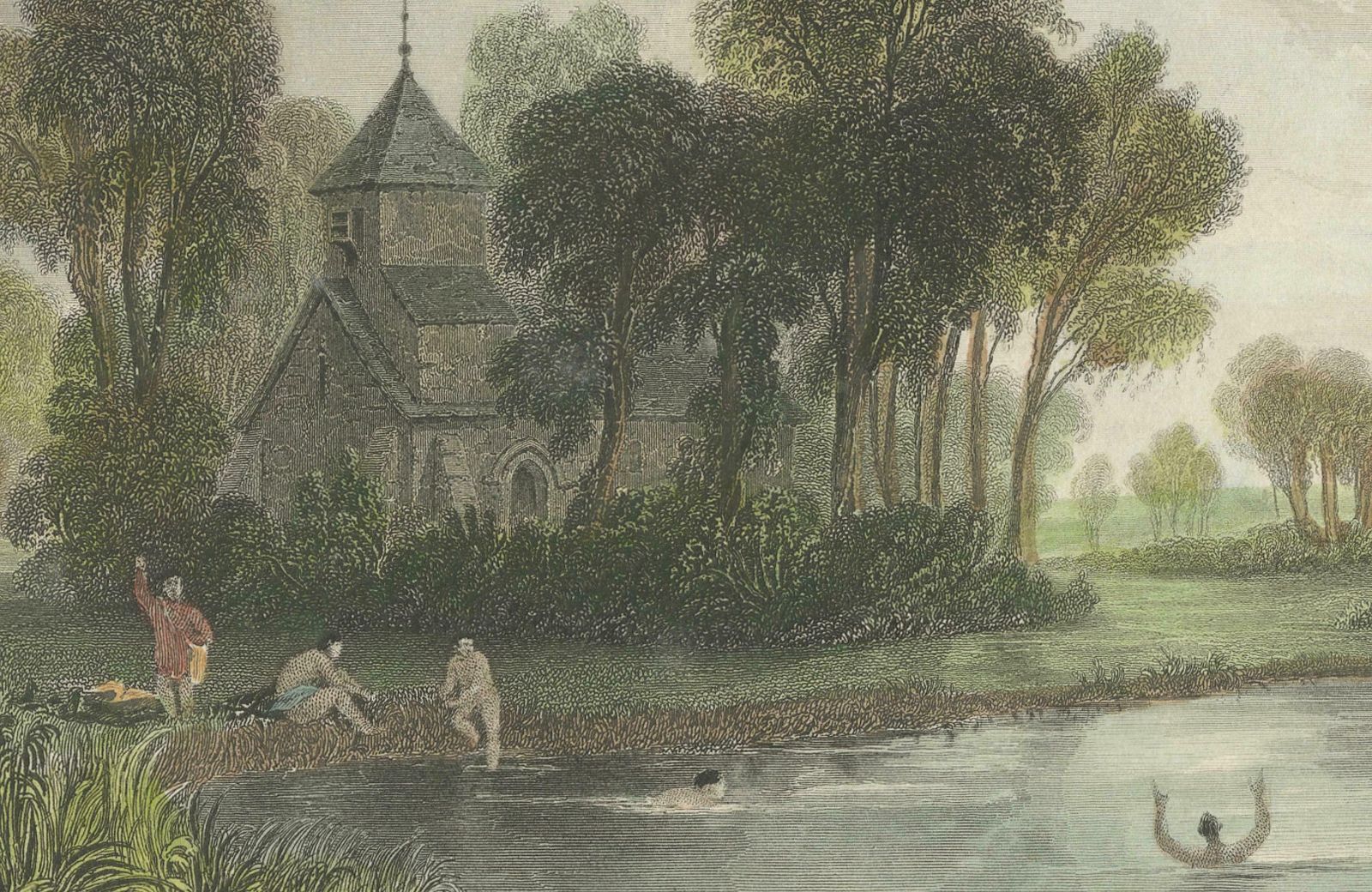 Hand Colored Engraving Of Dorney Church In Buckinghamshire, England, 1835 photo Art