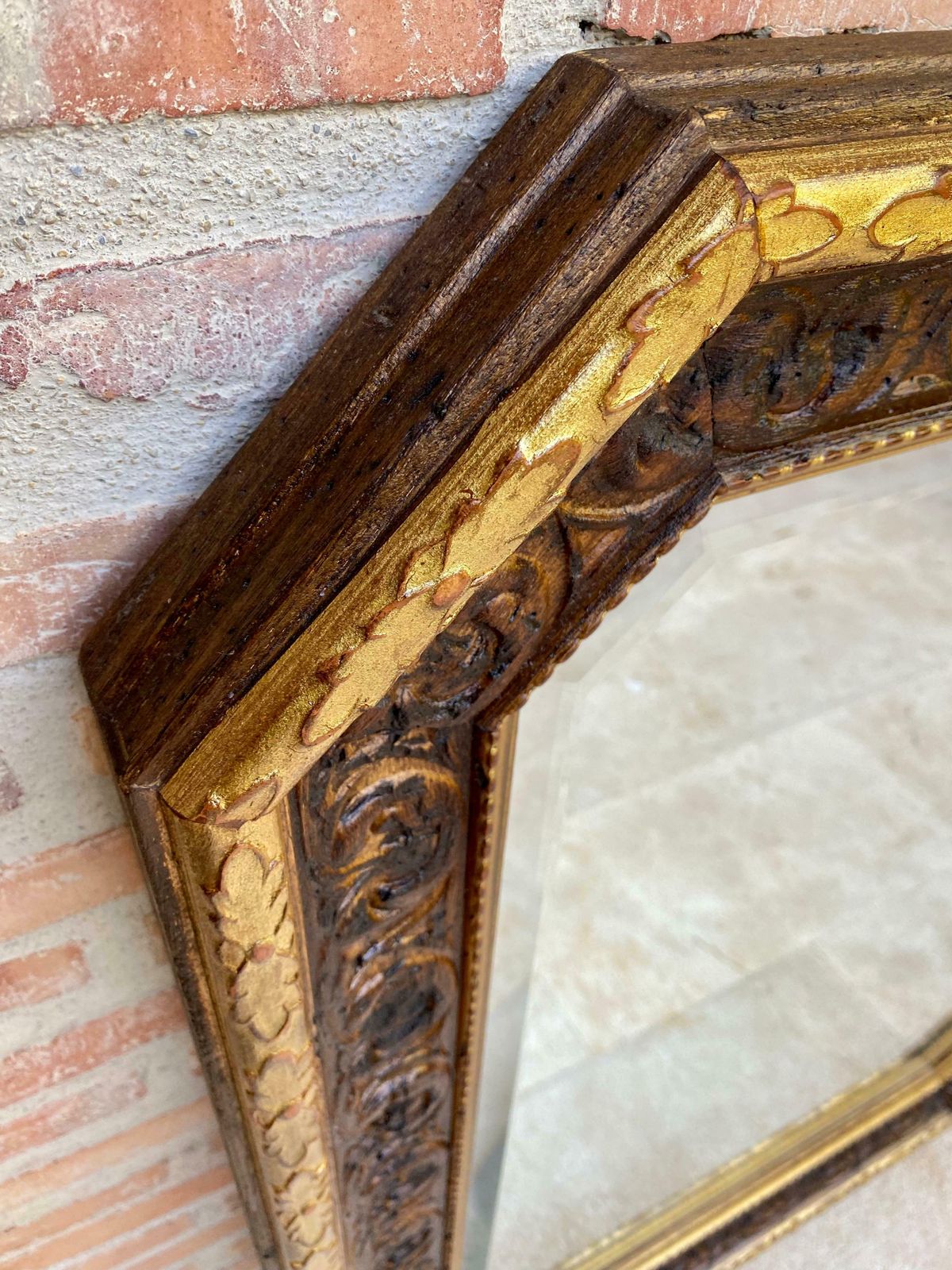 Octogonal Wall Mirror With Carved Gold Wooden Frame, 1940s photo buy