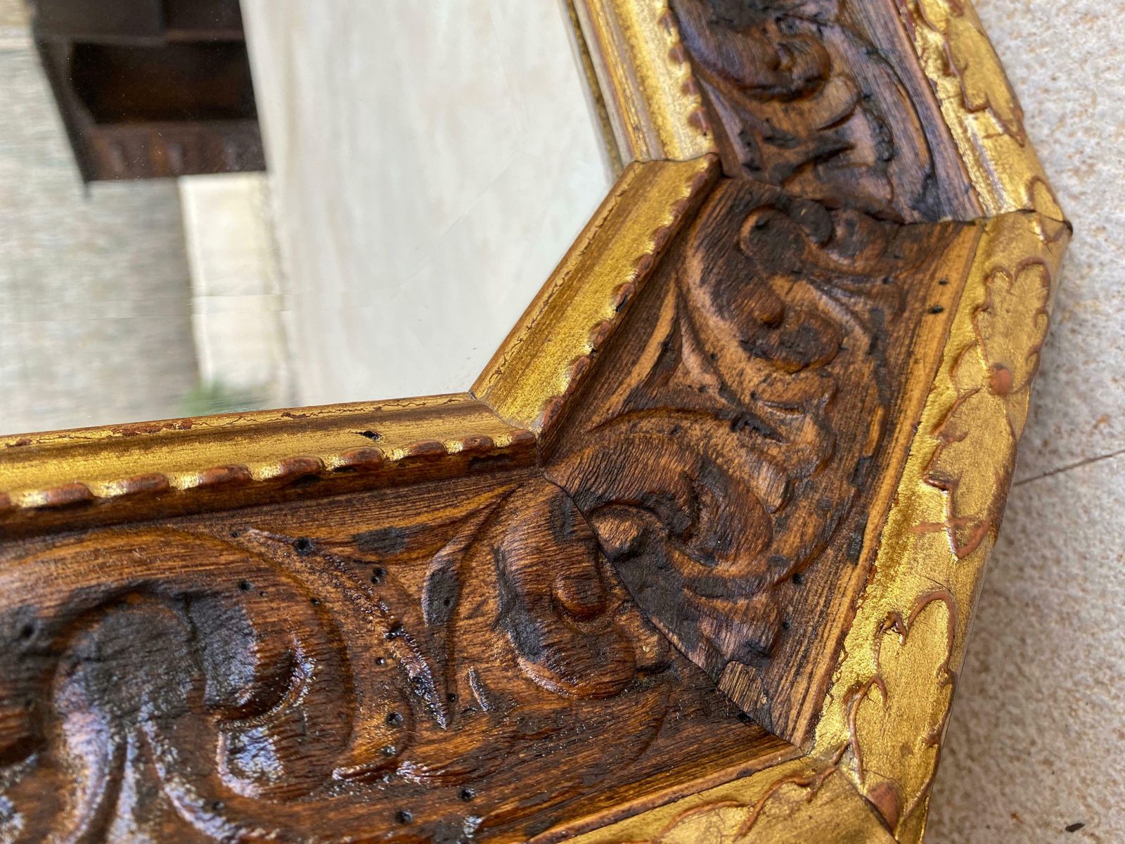 photo furniture Octogonal Wall Mirror With Carved Gold Wooden Frame, 1940s
