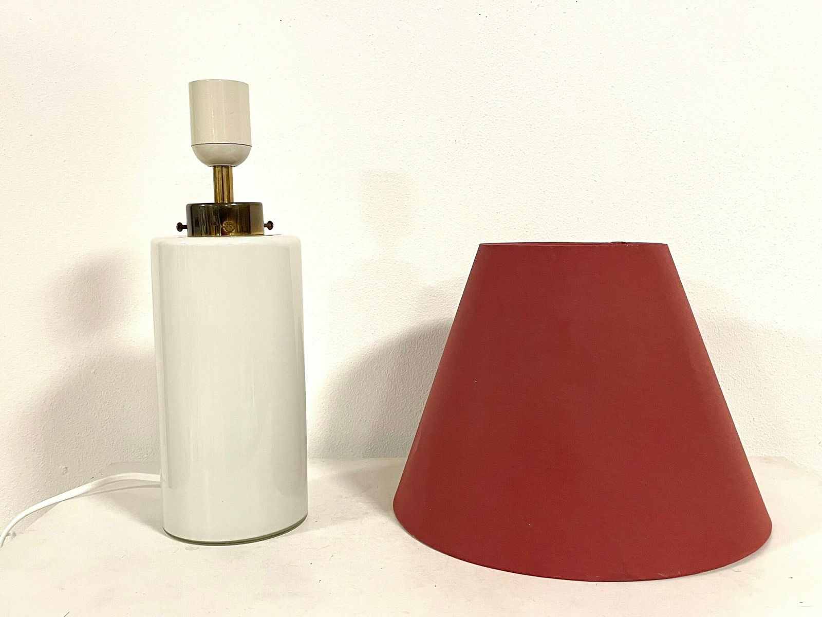 Danish Vintage Mid Century Modern Beautiful White Glass Table Lamp With Bordeaux Fabric Shade photo buy