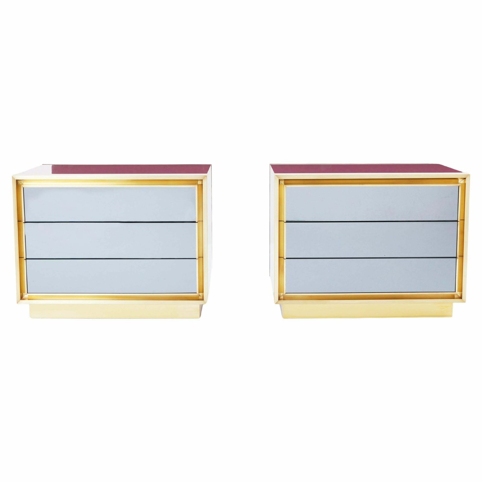 Maison Jansen Raspberry Lacquer Brass Mirrored Nightstands 1970s