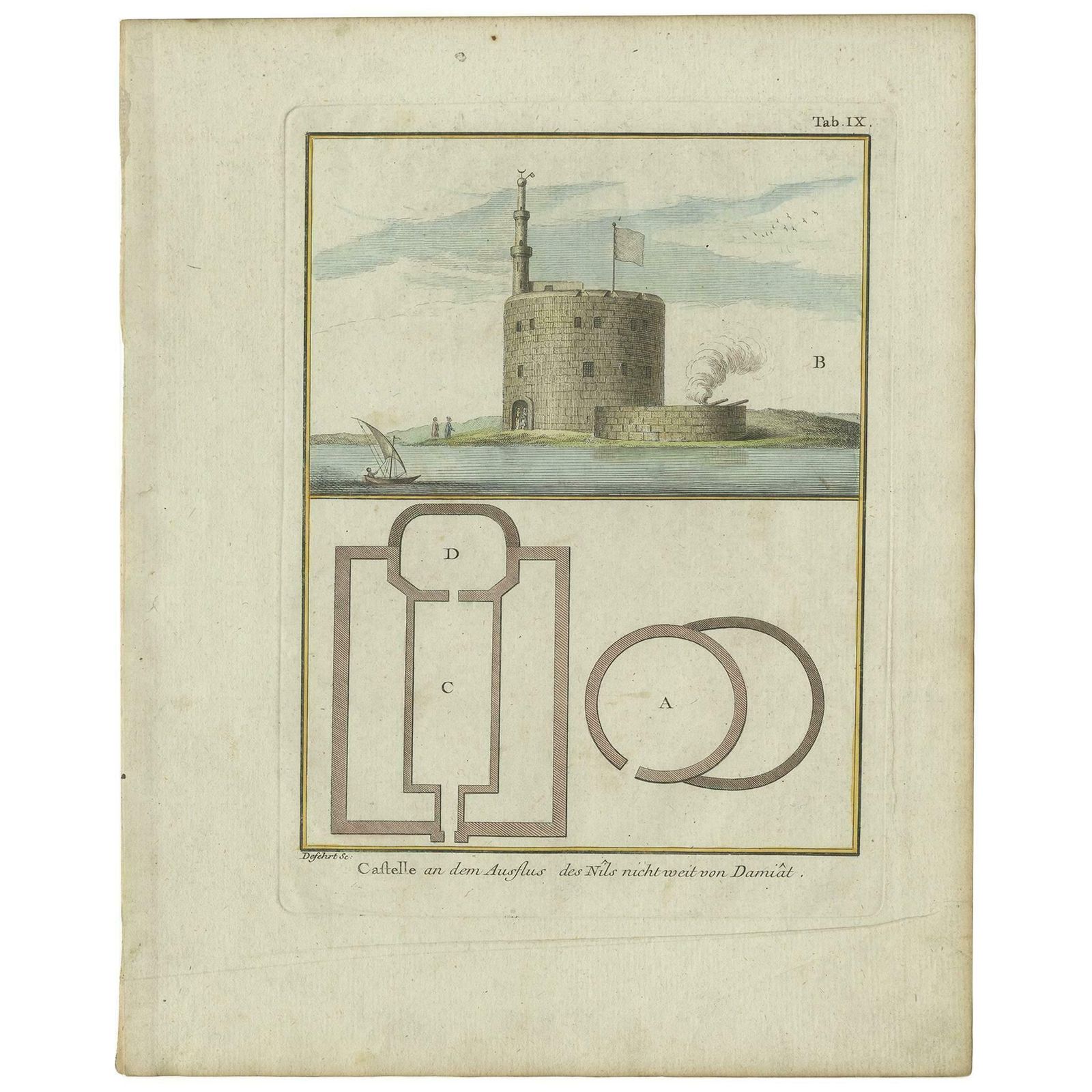 Antique Print Of The Fortress At The Nile 'Damietta, Egypt' By C. Niebuhr, 1774