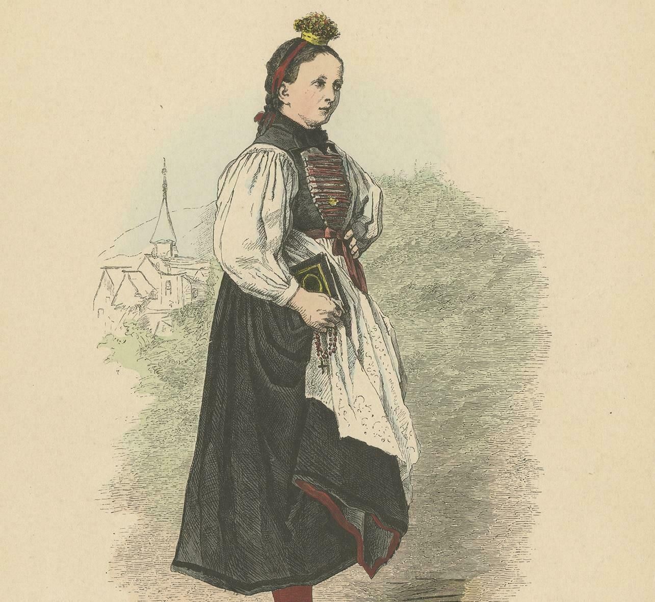Antique Print Of A Woman From Montafon In Winter Costume, Circa 1880 photo for sale