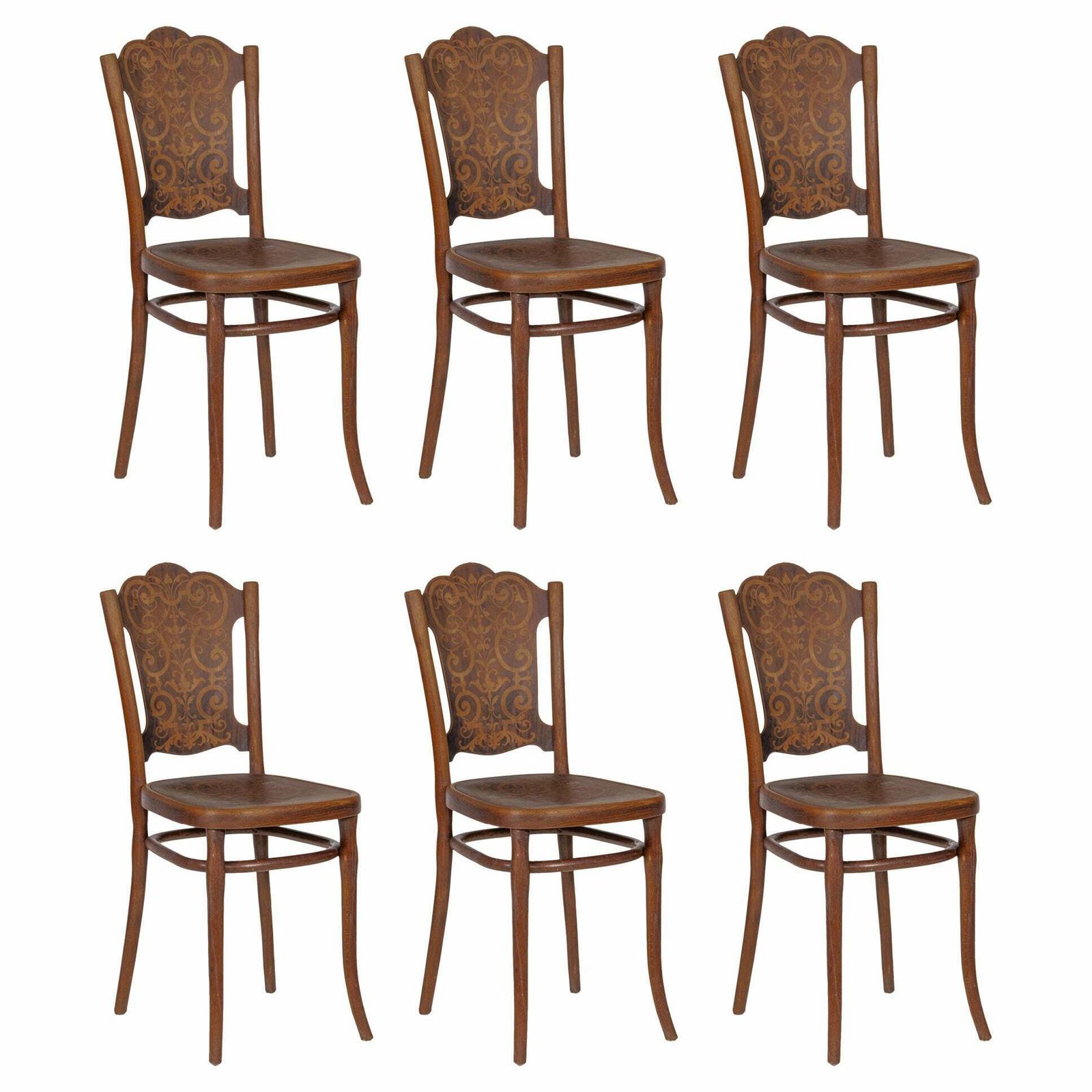 Thonet Art Nouveau Set Of Six Very Rare Chairs With Printed Pattern.