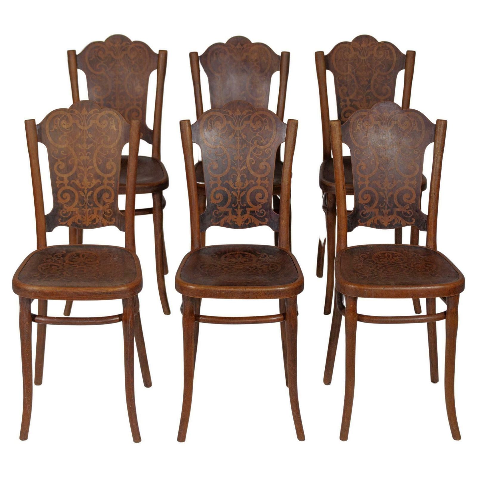 Thonet Art Nouveau Set Of Six Very Rare Chairs With Printed Pattern. photo furniture