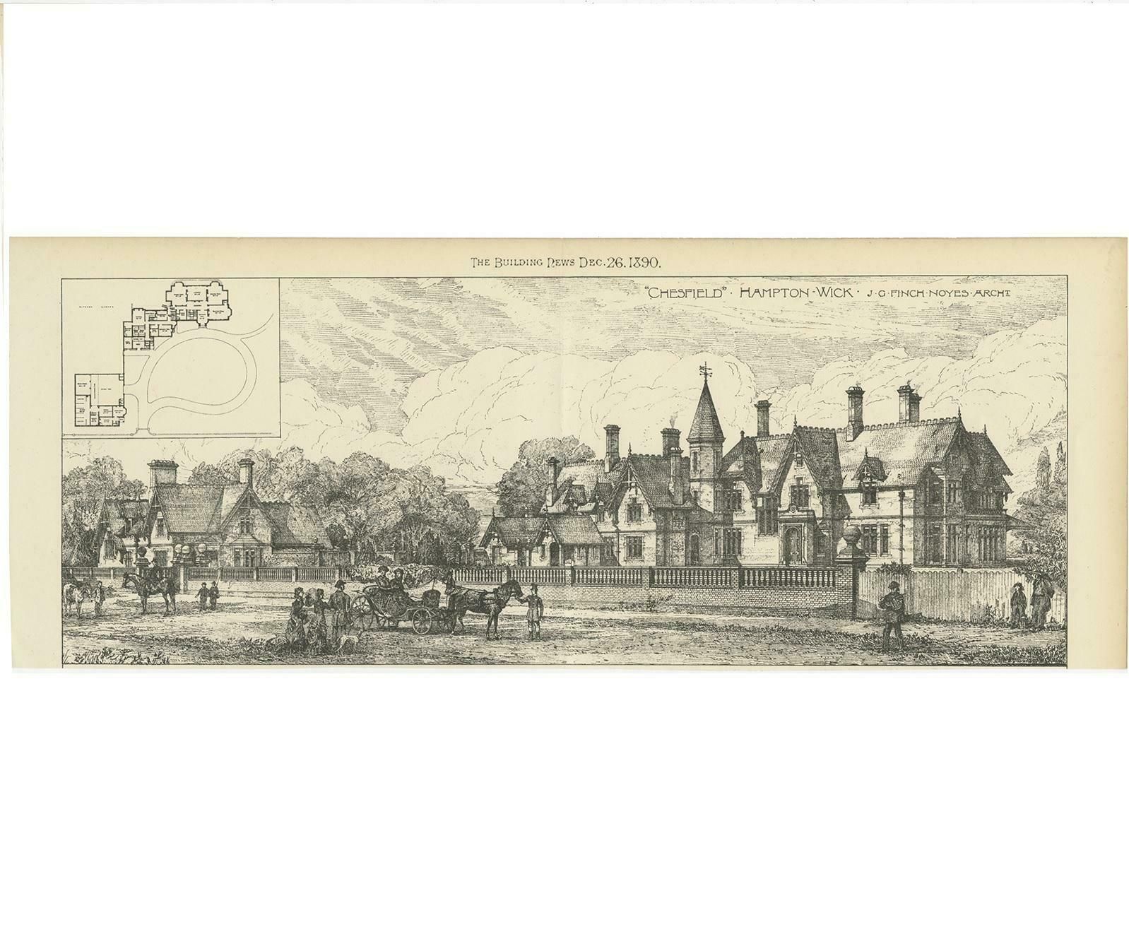Antique Print Of A House In Hampton Wick, 1890 photo for sale