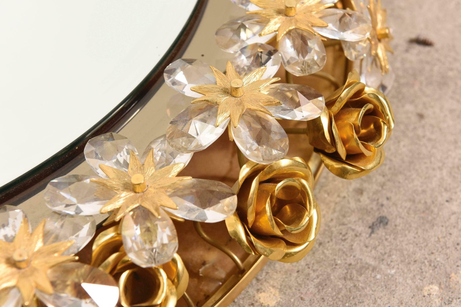 Large Crystal Flowers And Gilt Roses Illuminated Mirror By Palwa photo for sale